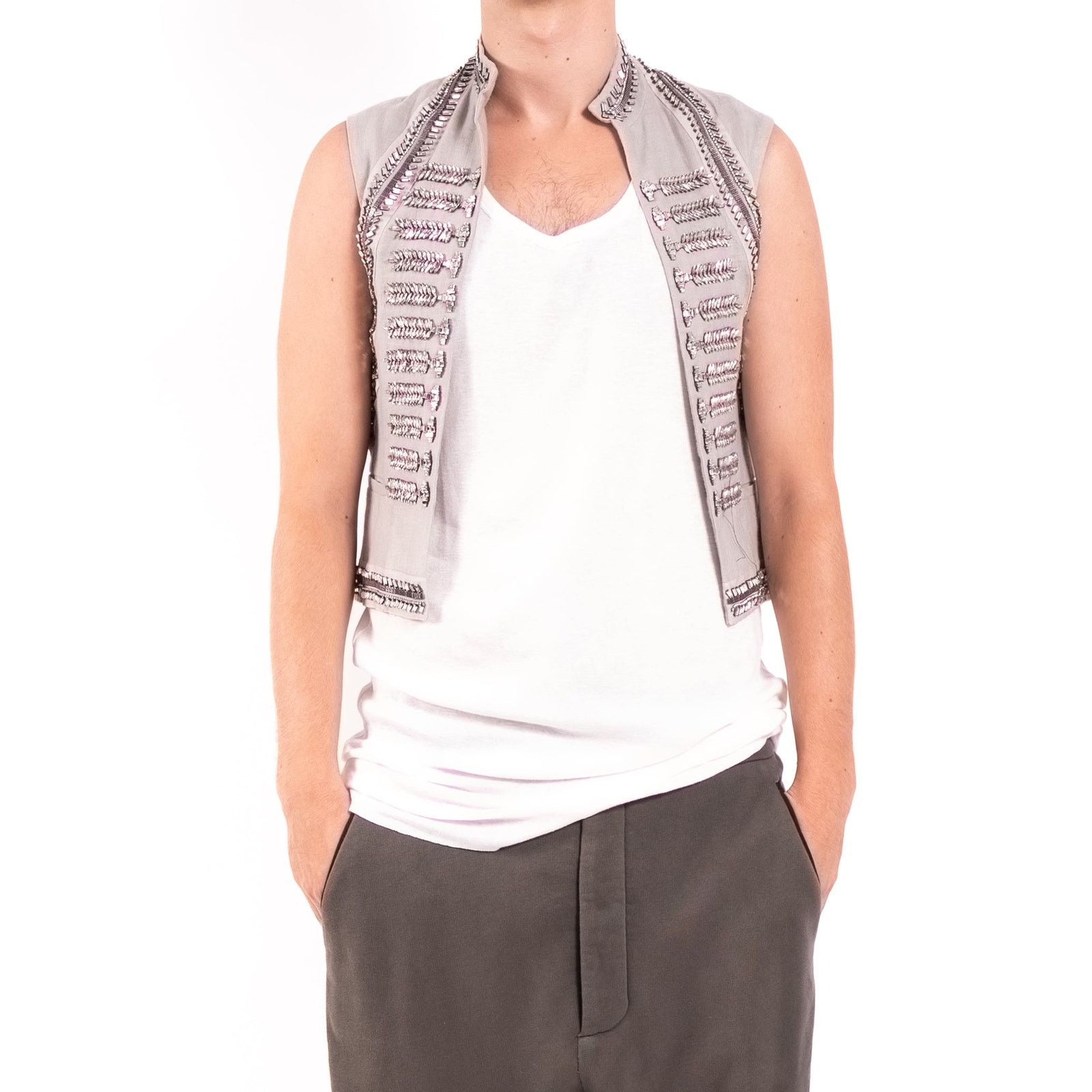 Haider Ackermann SS20 Open Waistcoat with Crystals in Grey Linen Size 44R - 1 Thumbnail