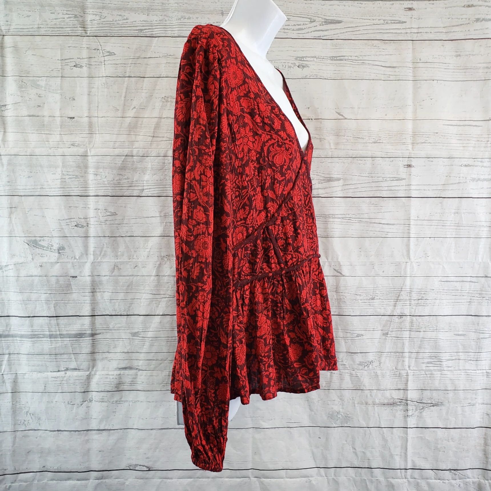 Vintage Knox Rose Womens Top XL Red Floral Long Sleeve V-Neck Rayon Blouse Size XL / US 12-14 / IT 48-50 - 3 Thumbnail