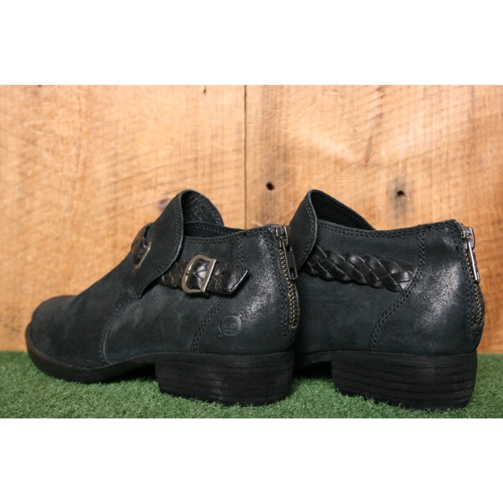 Born BORN Sylvia Black Burnished Suede Bootie Women's Low Ankle Boot 6.5 M Bucket Buckle Strap Zip Size US 7 / IT 37 - 3 Thumbnail