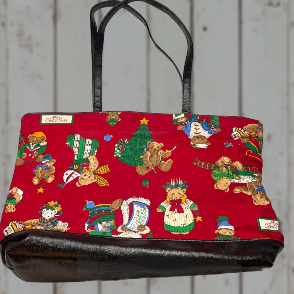 Vintage VINTAGE Unbranded Tote Bag Black Lined Cotton Canvas Christmas Teddy Bears 13”x19” Red Green Tree Santa Size ONE SIZE - 1 Thumbnail