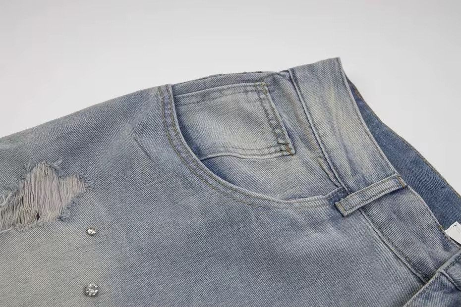 Other Washed Rhinestone River Denim Vintage Ripped Hole Shorts Y2k Size US 30 / EU 46 - 3 Thumbnail