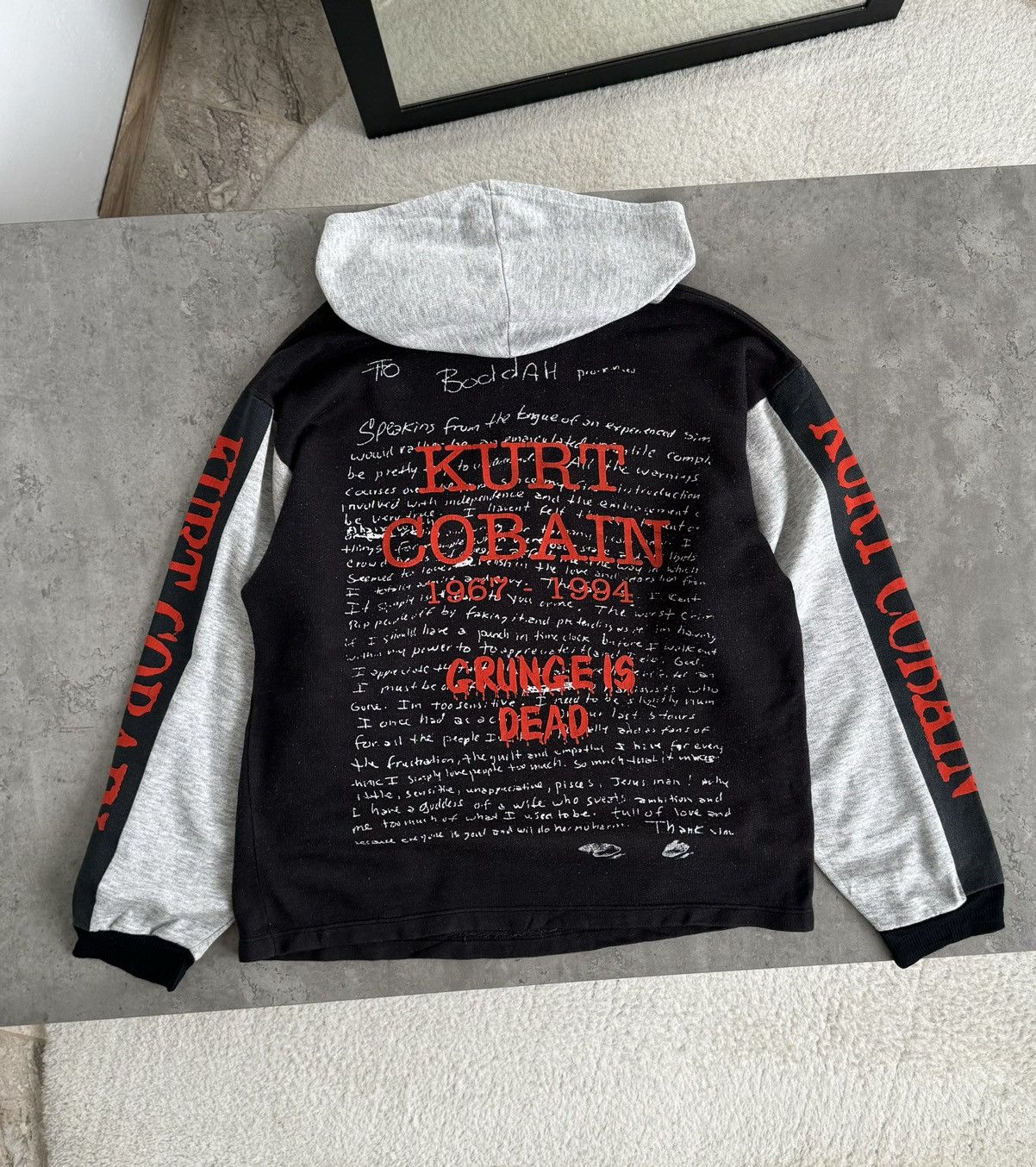 image of Kurt Cobain x Nirvana Very Vintage 90's Nirvana Suicide Note Hoodie in Black/Grey (Size Medium)