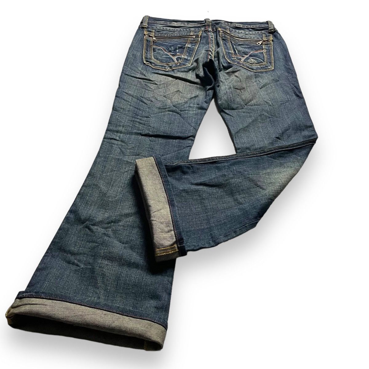 Le Grande Bleu (L.G.B.) 🇯🇵 SUPER FLARE BACK NUMBER WASHED DENIM PANTS Size US 30 / EU 46 - 13 Thumbnail
