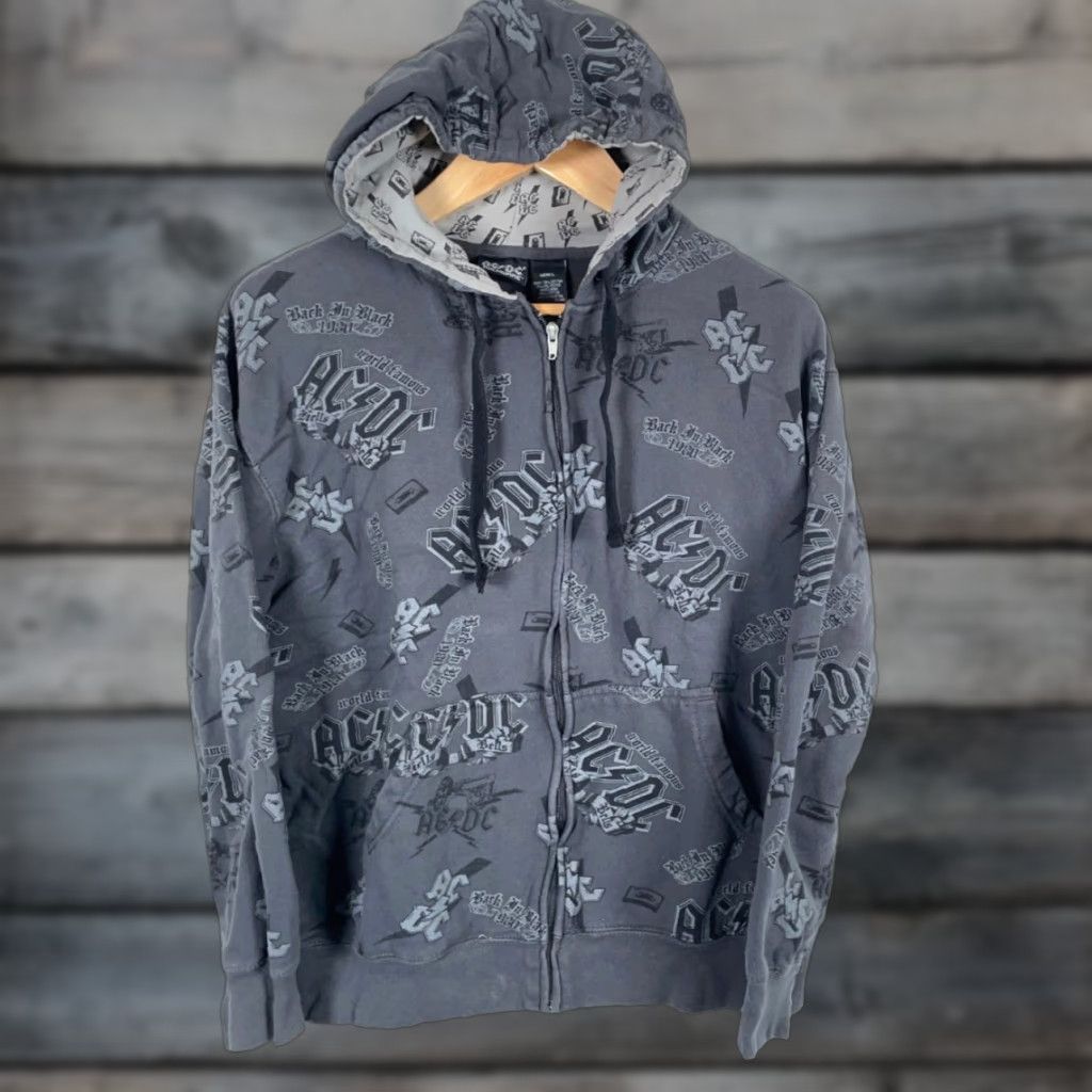 Gloverall AC/DC Hoodie Men Large Gray Logo All Over Print Sweatshirt Rockware AOP Shirt Mens Regular Full Zip 90s Retro Rock Clothing Size US L / EU 52-54 / 3 - 1 Thumbnail
