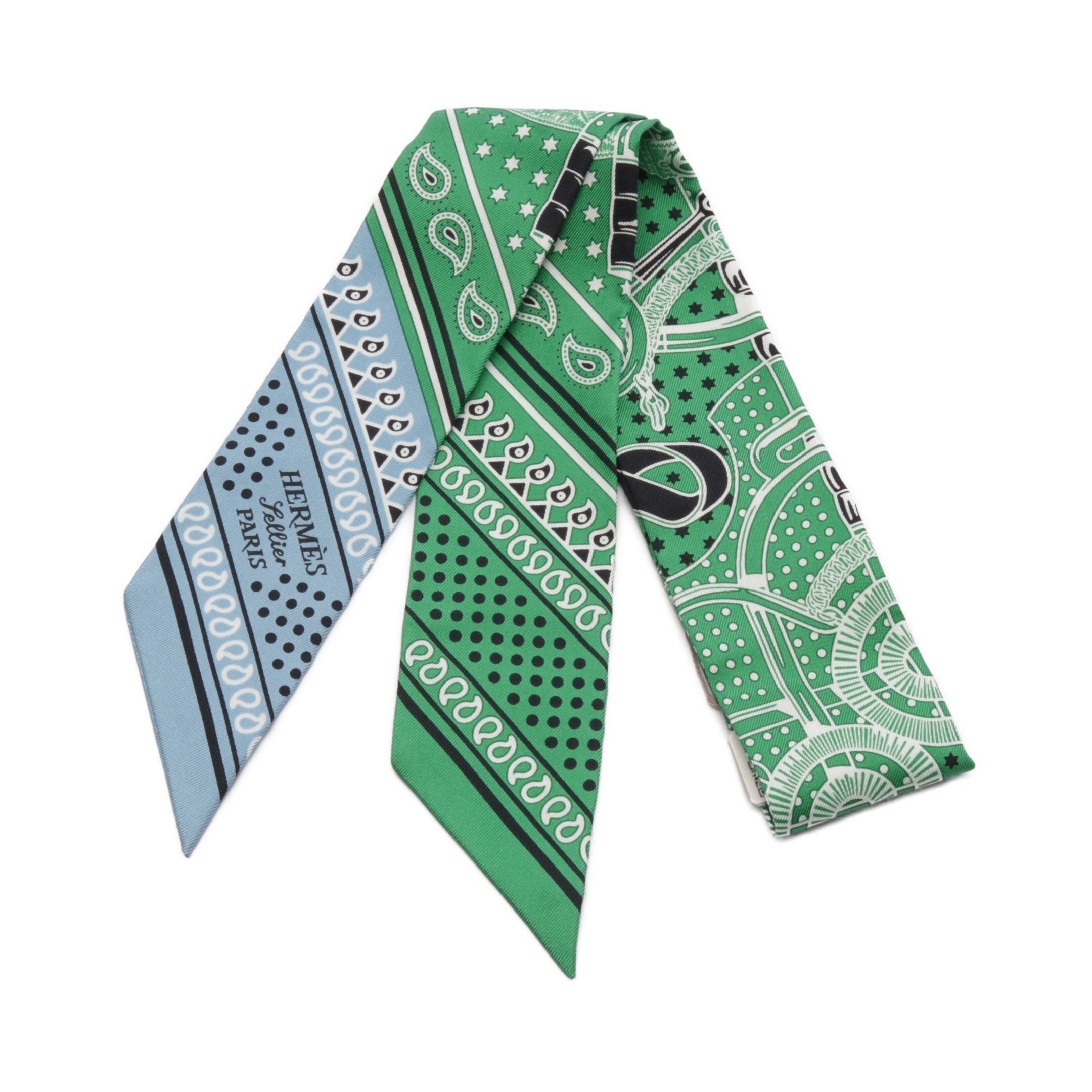 Hermes Twilly Eperon Ribbon Scarf Silk Green Multicolor