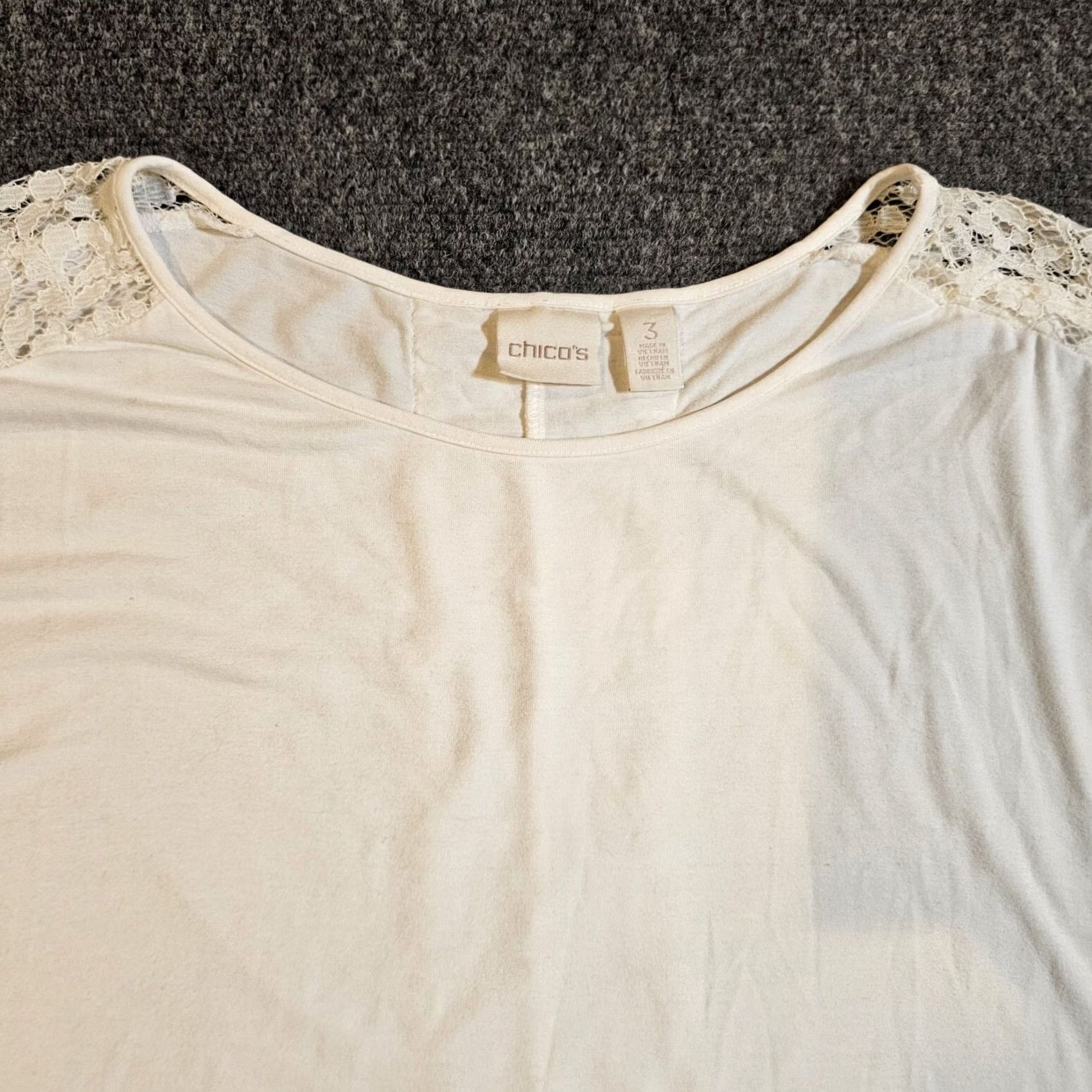 Vintage Chico's Top Shirt Women XL White Lace Trim Short Sleeve Stretchy Casual Career Shirt Size XL / US 12-14 / IT 48-50 - 2 Thumbnail