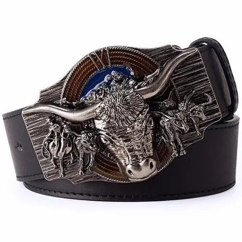 Indigo × Japanese Brand Belts Skull Bull Ox Horn Men Leather Belt Size ONE SIZE - 1 Thumbnail