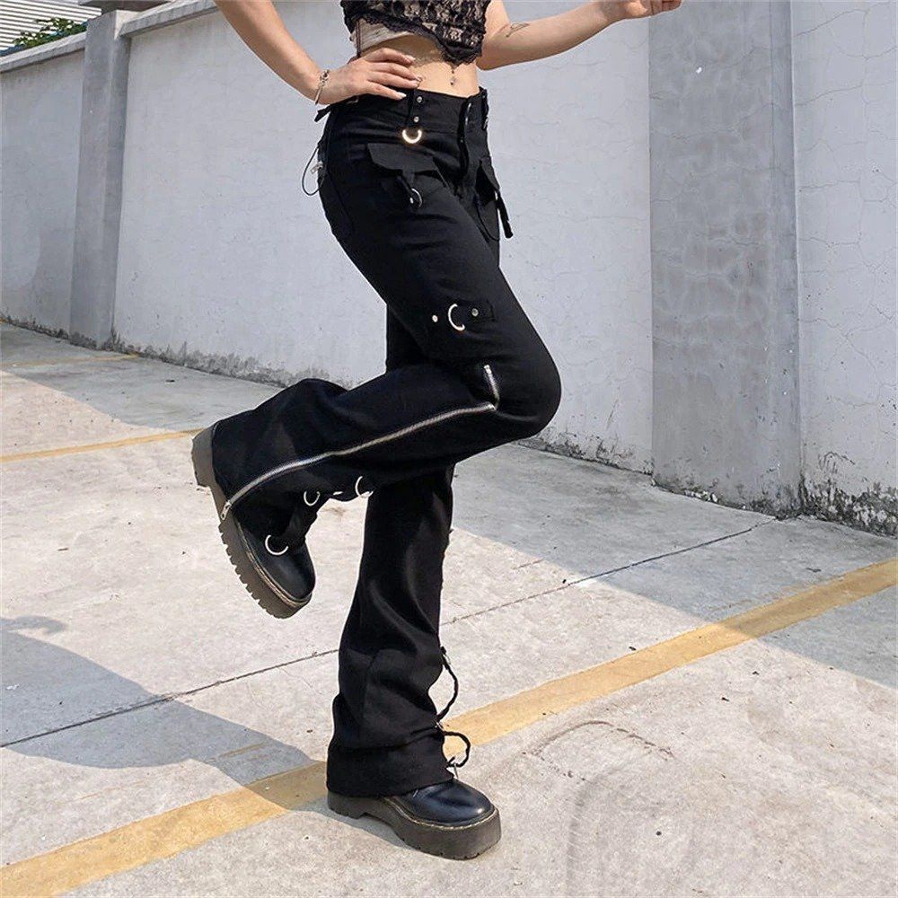 Designer × Japanese Brand × Vintage Punk Goth Rings Rivets Eyelet Zippers Slit Flare Trousers Size 26" / US 2 / IT 38 - 2 Thumbnail