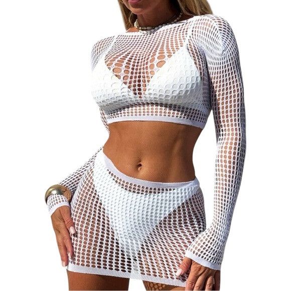 Other 2 Pcs Set Women White Hollow Out Mesh Lingerie Size ONE SIZE - 1 Thumbnail