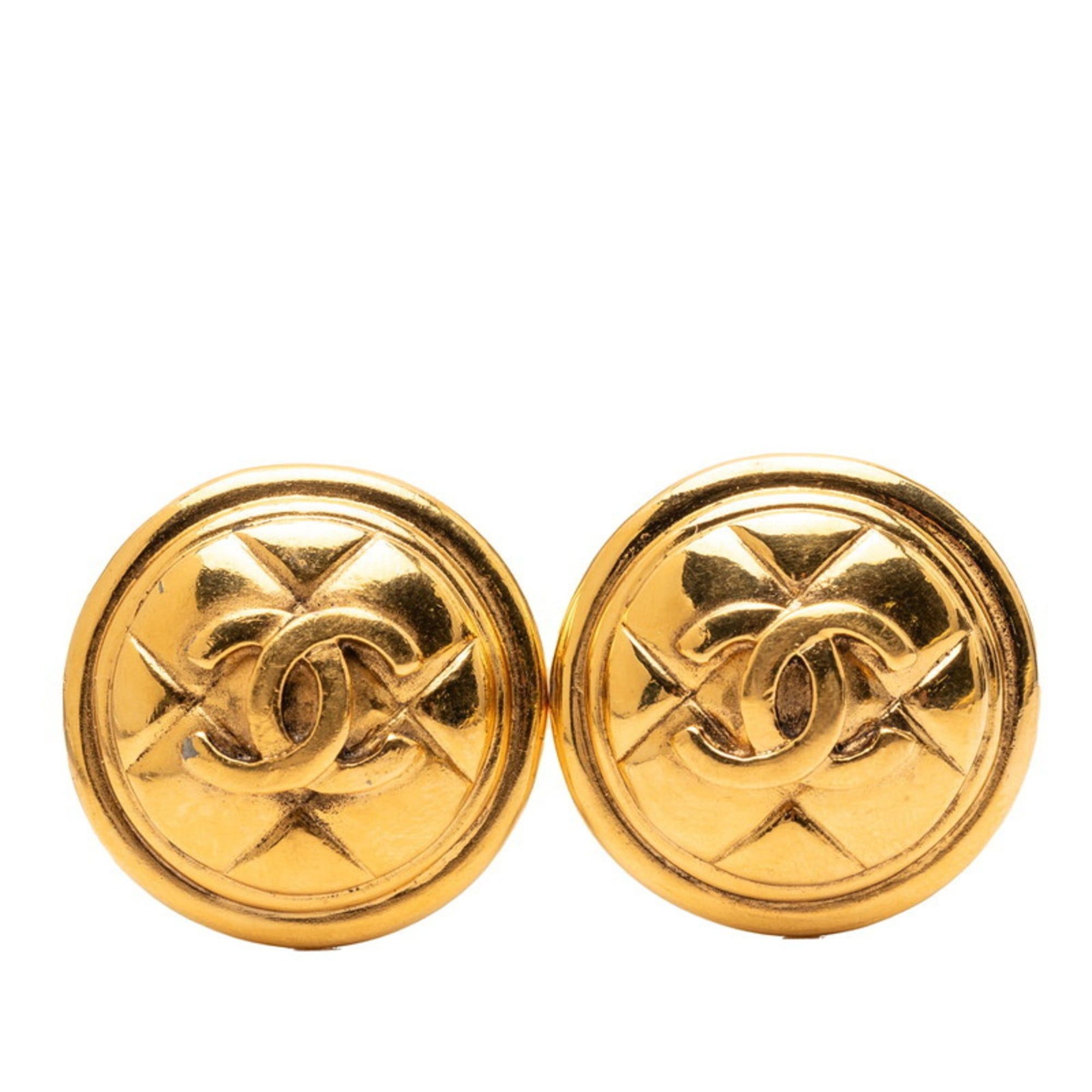 CHANEL Coco Mark Matelasse Round Earrings Gold Plated Women's