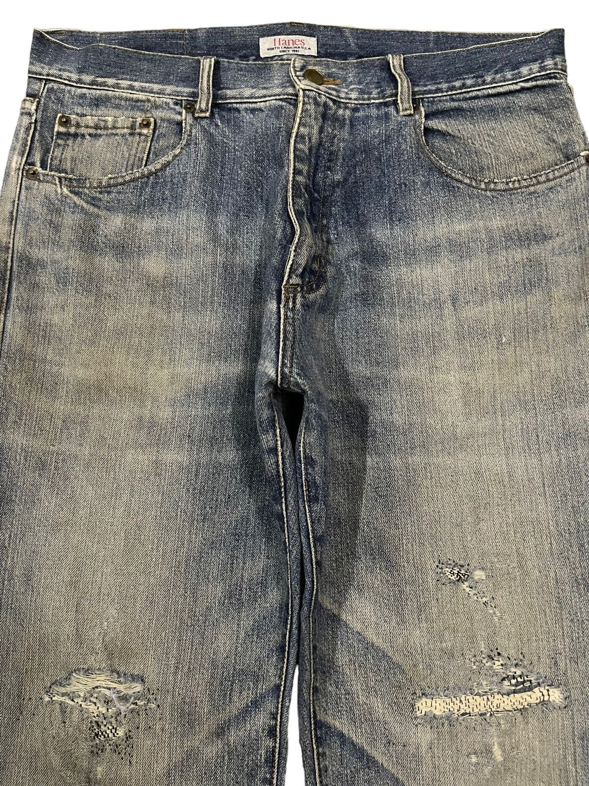 Hanes Vintage 90s Hanes Blue Wash Style Distressed Baggy Jeans Size US 34 / EU 50 - 3 Thumbnail