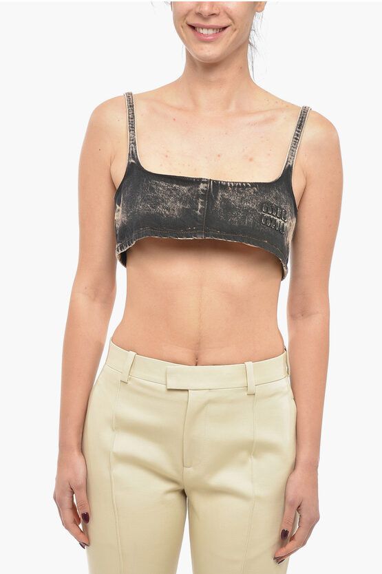image of Miu Miu Stone Washed Denim Crop Top in Black, Women's (Size Small)