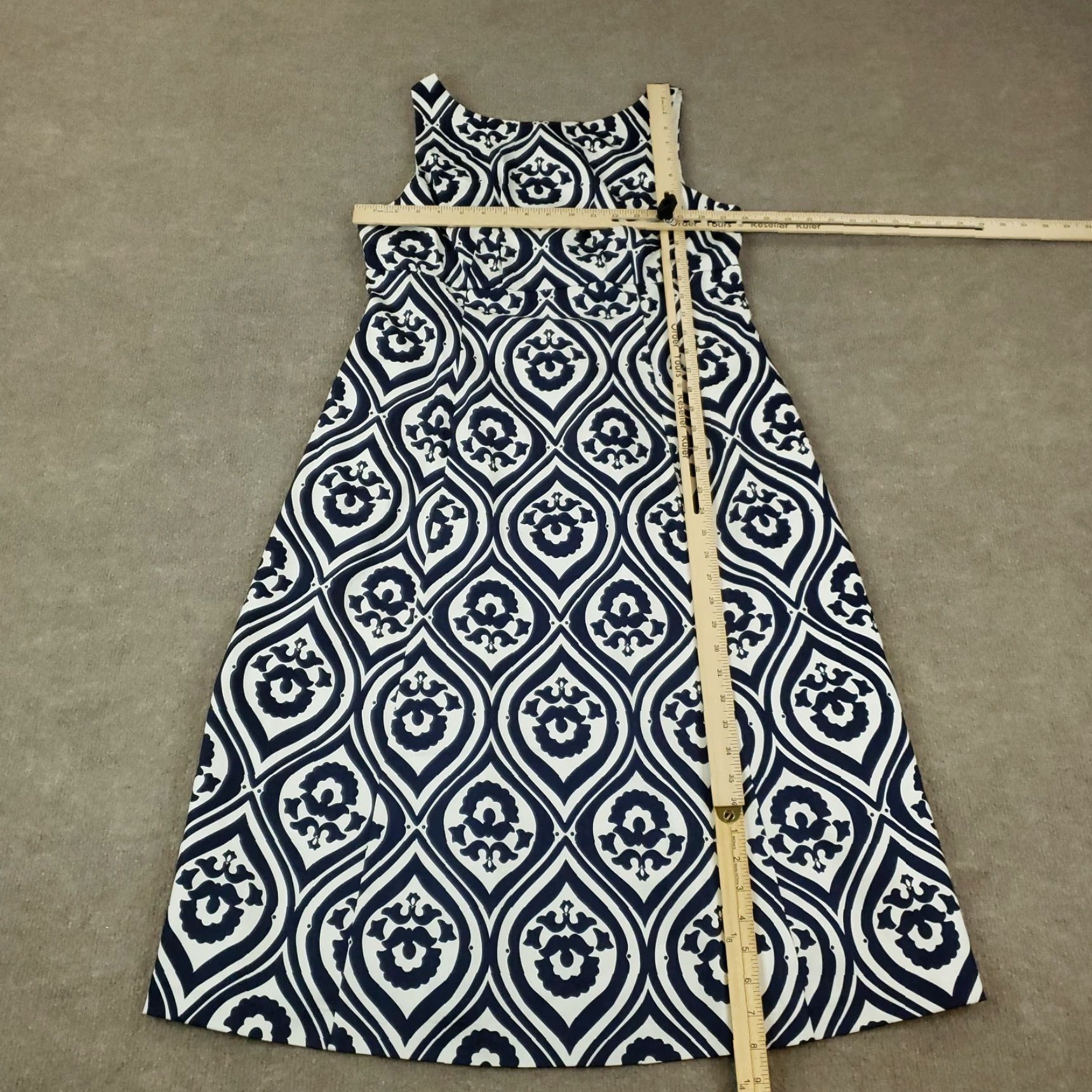 Boden Boden Dress Womens 10P Blue White Shift Sleeveless Printed Stretch Geometric Knee Length Zip Round Neck Professional Sheath Business 90s? Size L / US 10 / IT 46 - 2 Thumbnail