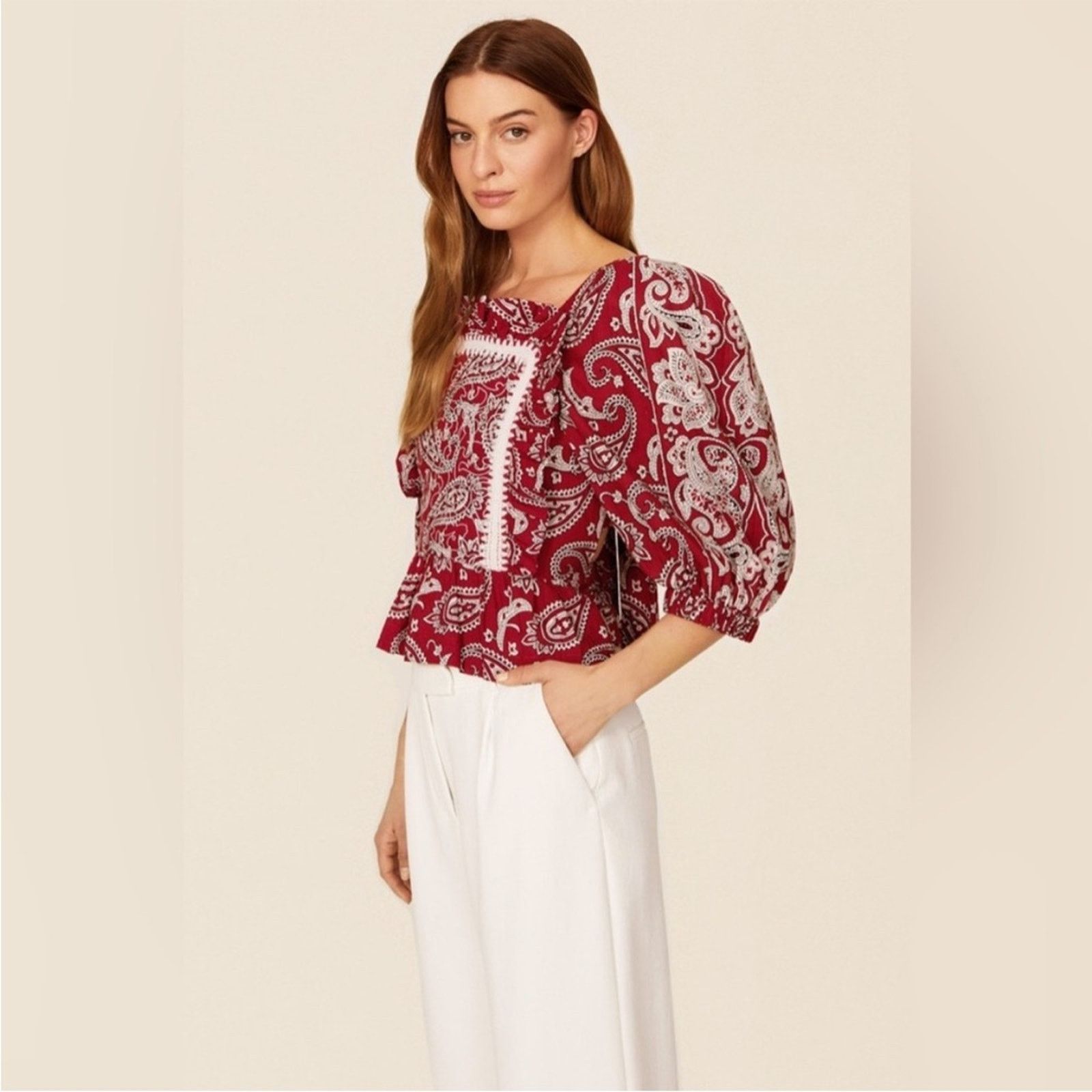 Sea New York Sea New York Red Theodora Paisley Blouse with Lace Detail Size M / US 6-8 / IT 42-44 - 2 Thumbnail