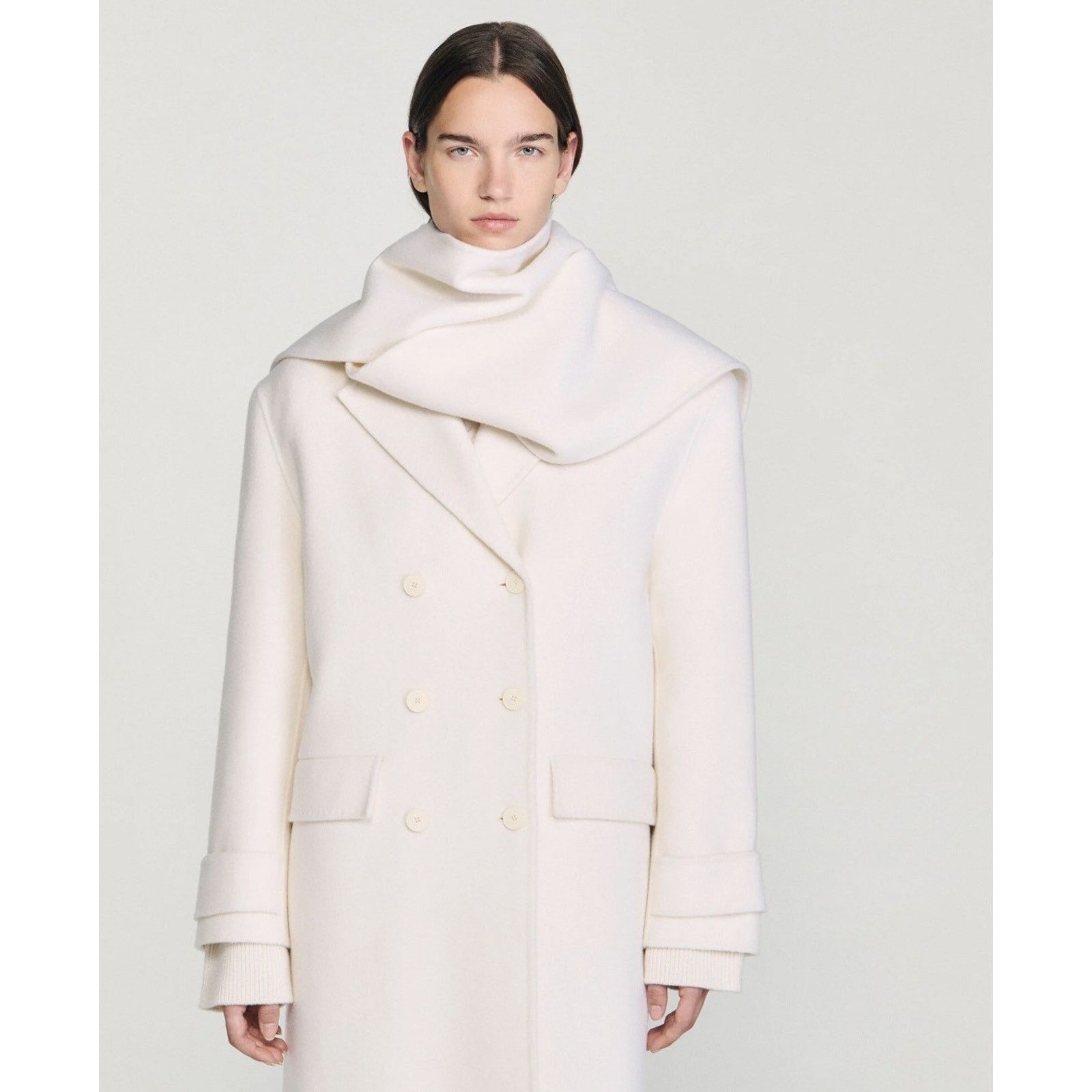 Sandro Sandro Womens Wrap Scarf Collar Long Overcoat 42 White Size M / US 6-8 / IT 42-44 - 5 Thumbnail