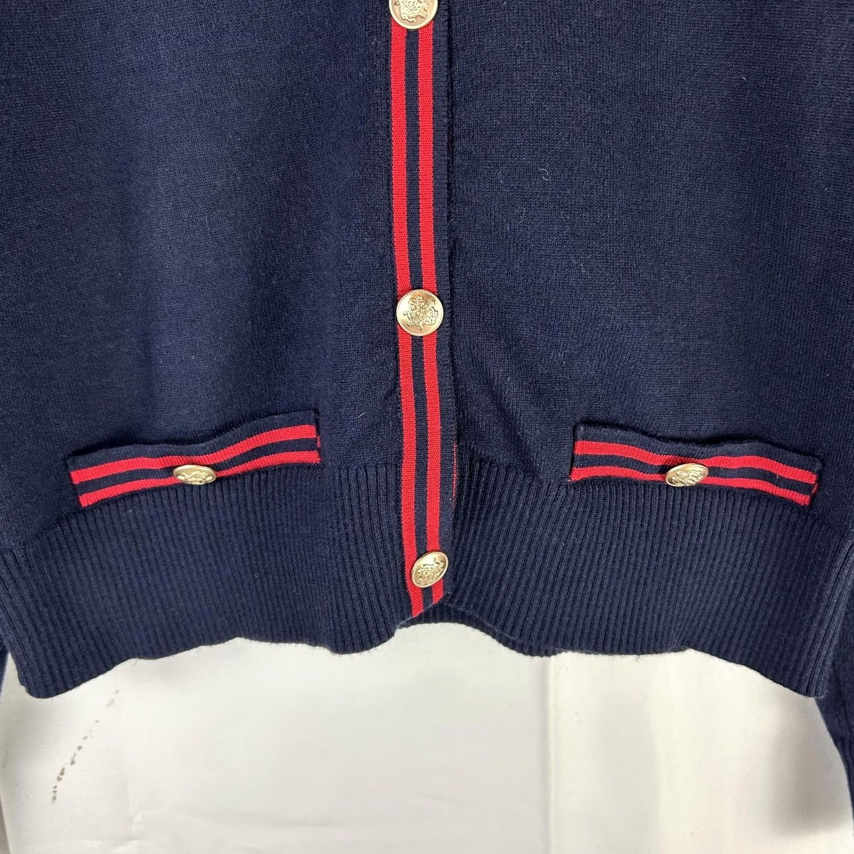 Vintage Emerson Lang Cardigan Sweater Womens XL Navy Crew Neck Stripe Trim Gold Button Size XL / US 12-14 / IT 48-50 - 3 Thumbnail