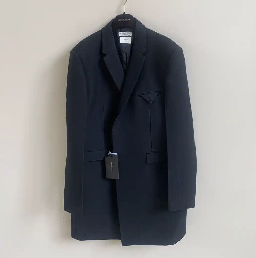 image of Fall19 56 Bottega Veneta Compact Dry Wool Long Classic Coat in Black, Men's (Size XL)