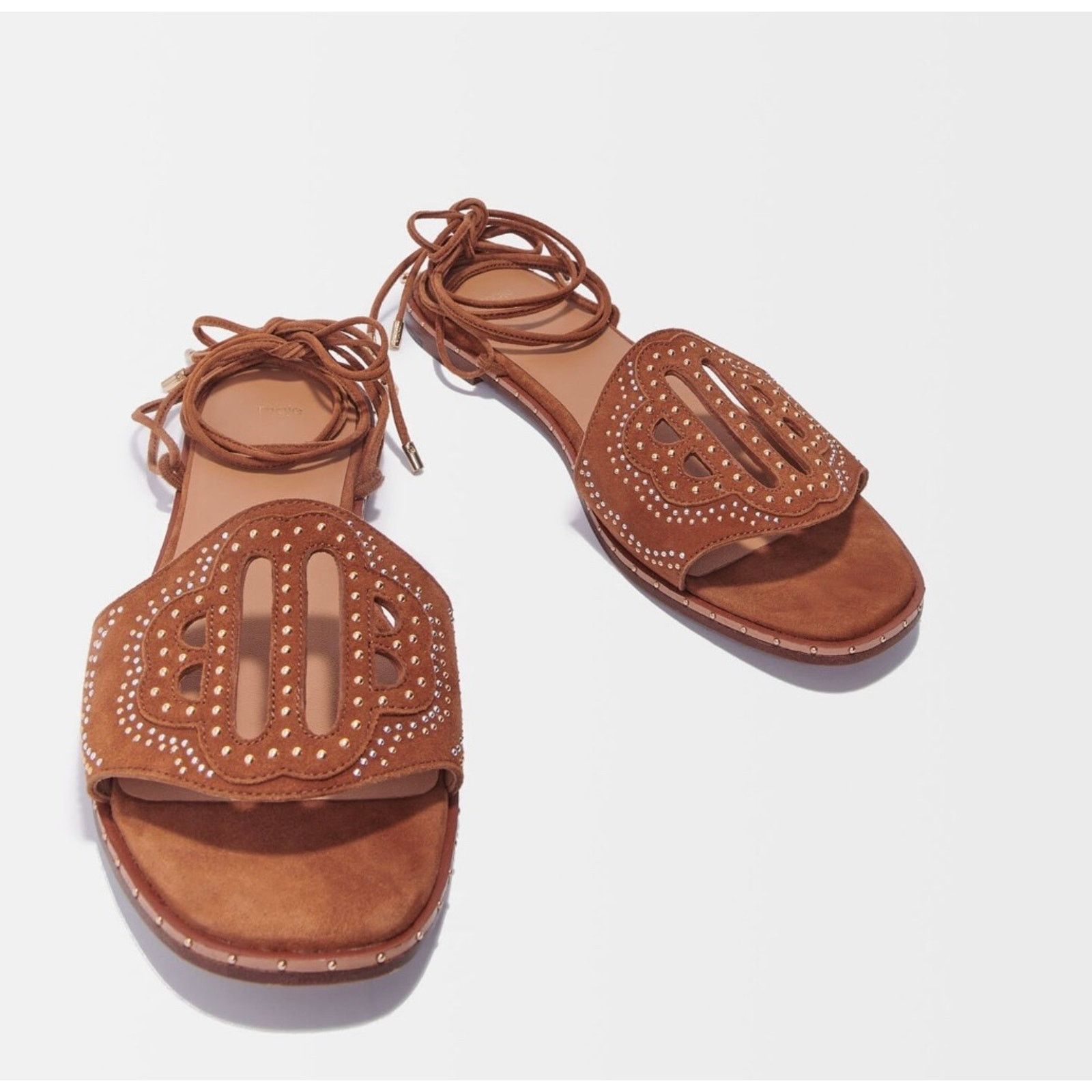 Maje NEW MAJE Flat Studded Lace Up Sandals Camel size 40 / 9.5 Size US 6.5 / IT 36.5 - 1 Thumbnail