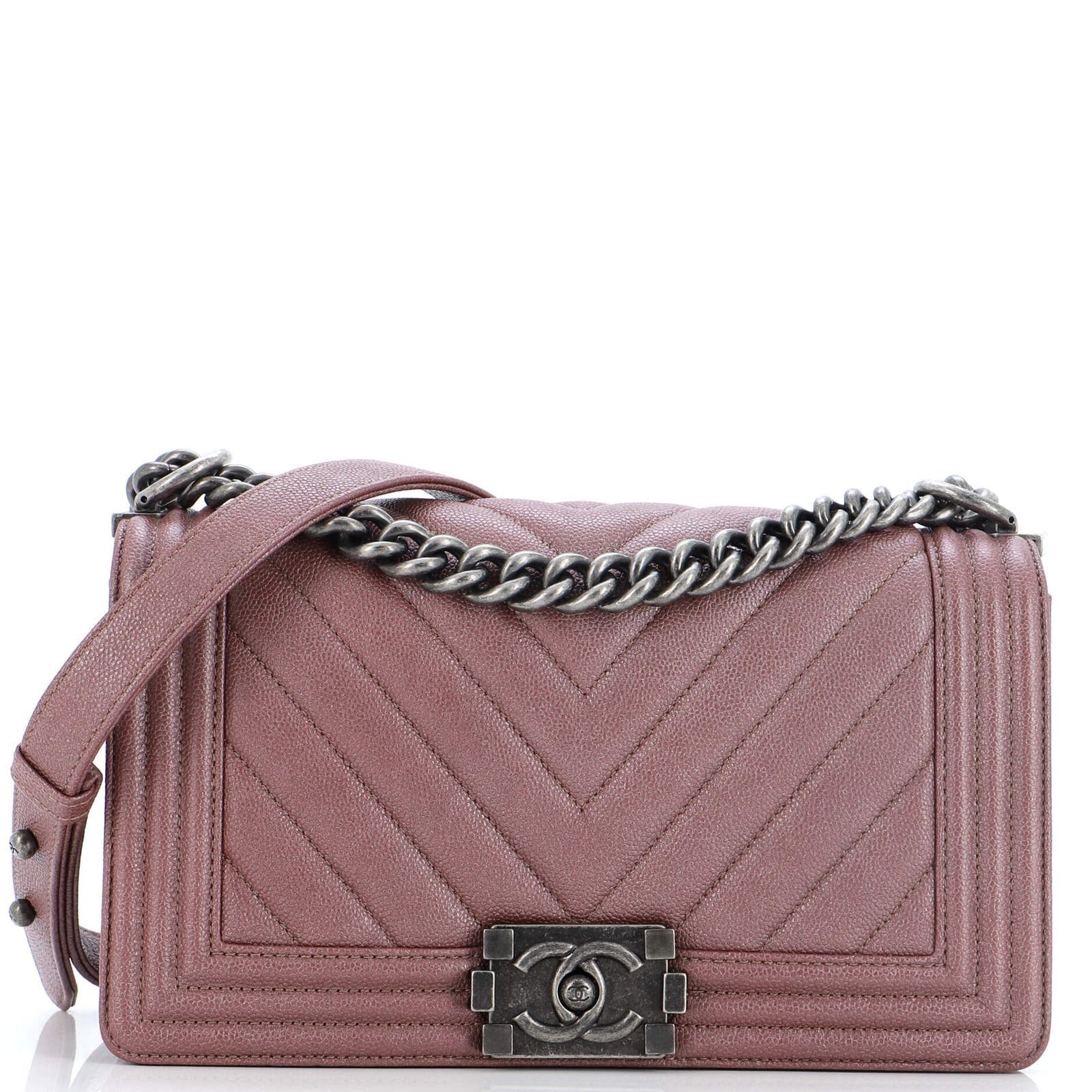 image of Chanel Boy Flap Bag Chevron Caviar Old Medium in Rose Gold, Women's