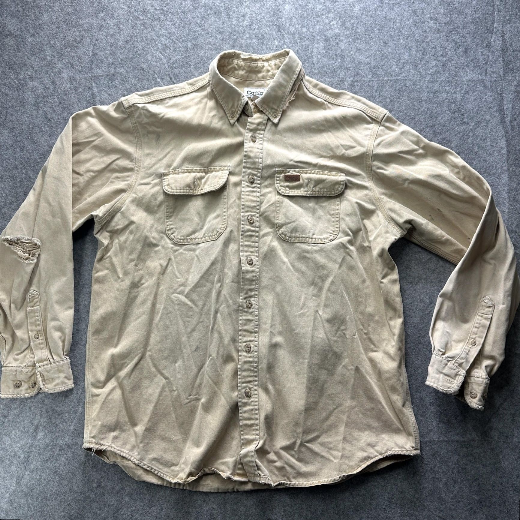 Carhartt VINTAGE Carhartt Shirt Mens XLT Beige Cotton Twill Workwear Button Up Distressed Size US XL / EU 56 / 4 - 2 Thumbnail