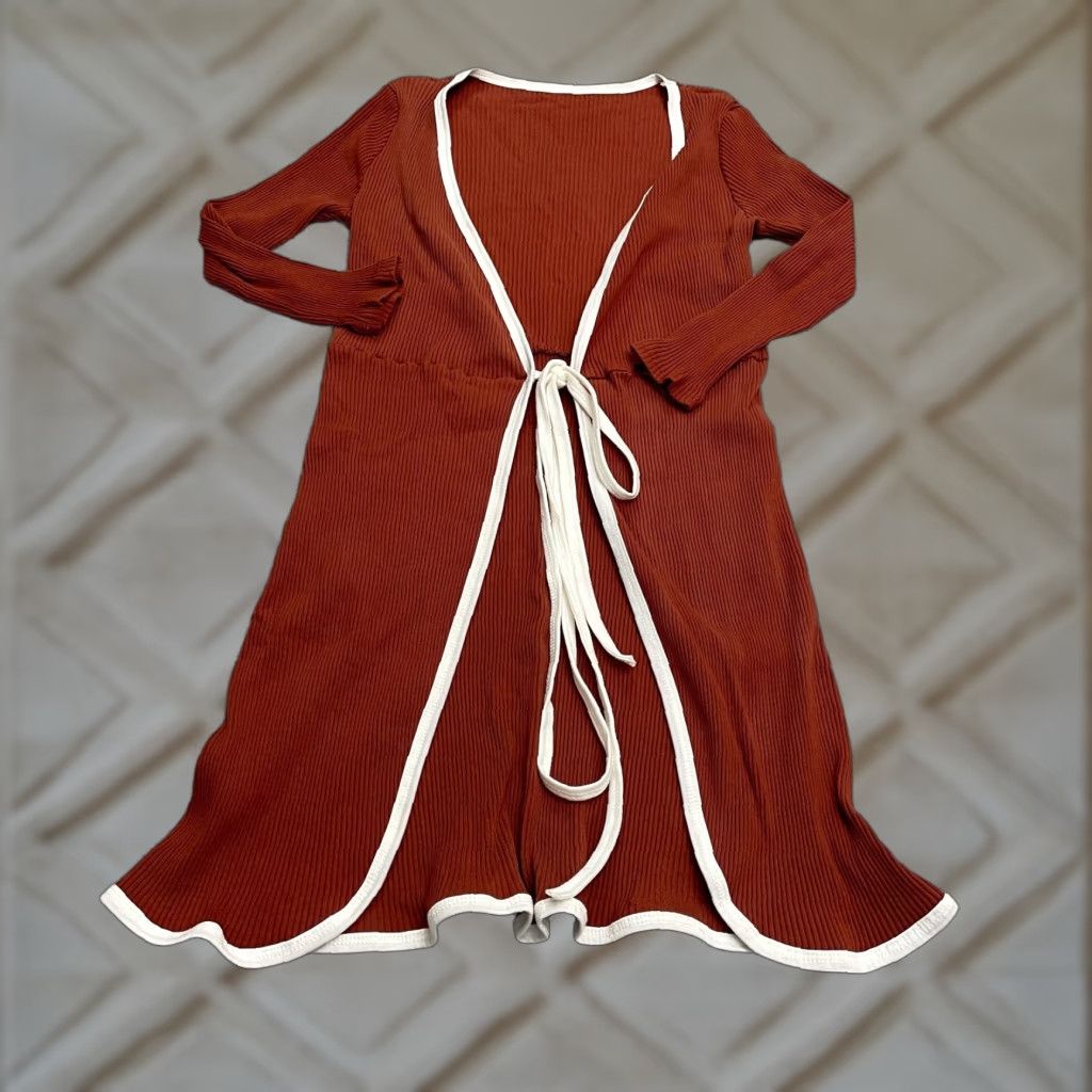 Vintage Unbranded Ribbed Knit Robe Womens XS Brown White Tie Long Sleeve Stretch Cover Size XS / US 0-2 / IT 36-38 - 1 Thumbnail