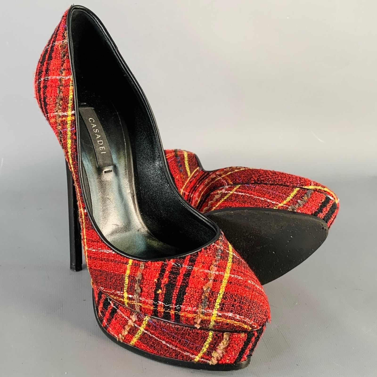 Casadei CASADEI Black Yellow Tweed Plaid Leather Trim Platform Pumps Size US 9 / IT 39 - 5 Thumbnail