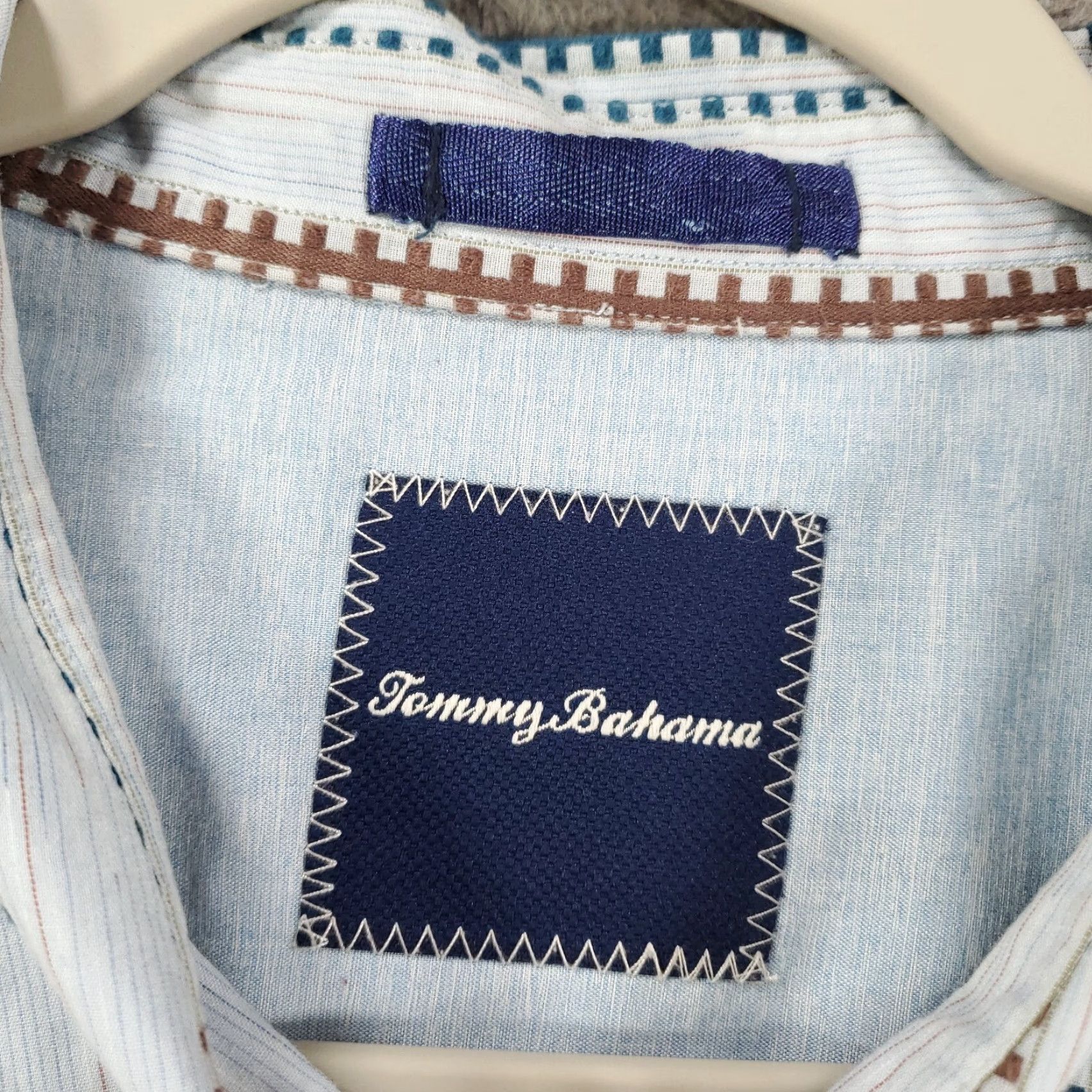 Tommy Bahama Tommy Bahama Shirt Mens Button-Up 2XL Blue Taupe Geometric Stripes Cotton Long Sleeve Collared Beach Classic Colorful Size US XXL / EU 58 / 5 - 6 Thumbnail