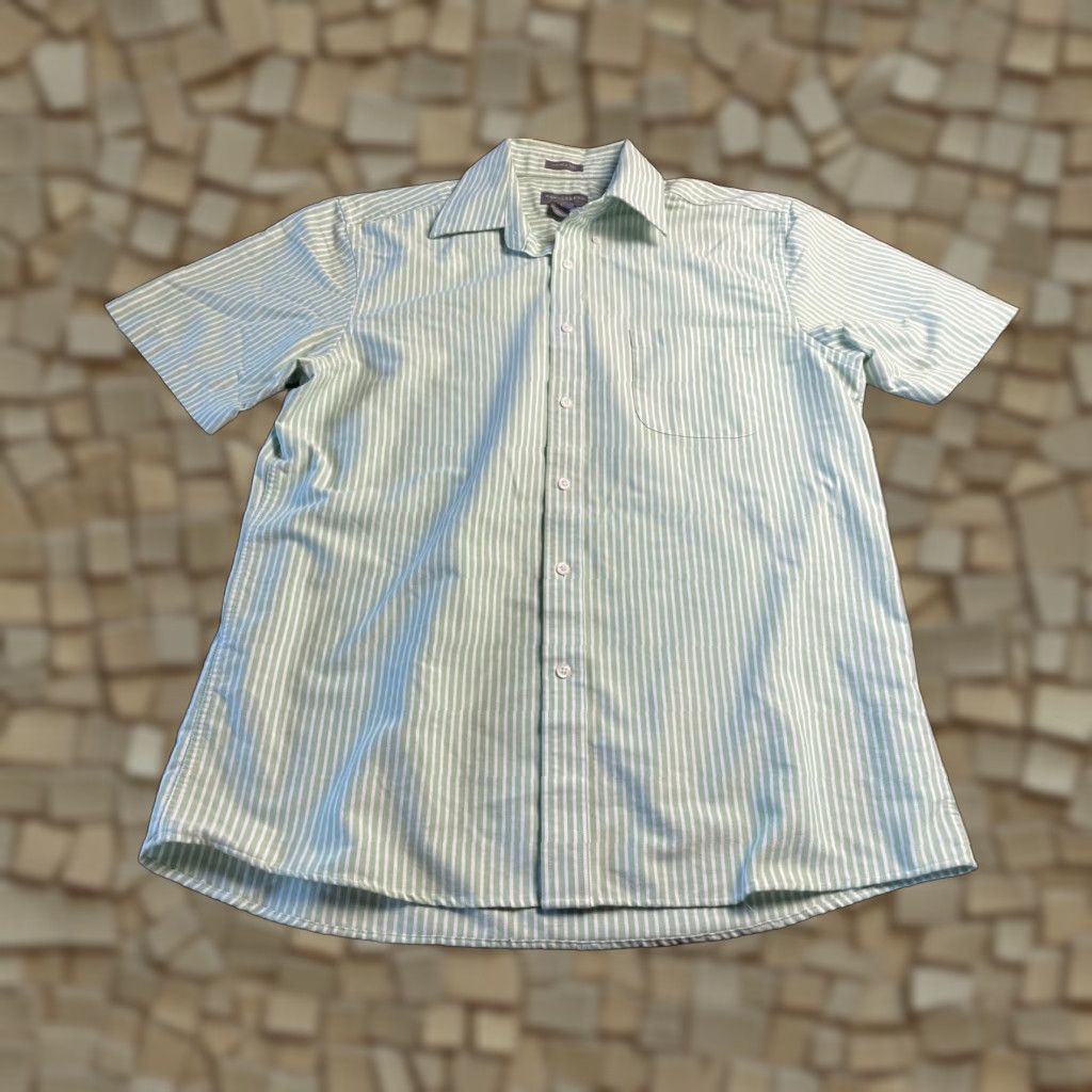 Vintage Saddlebred Shirt, Mens Size Large, Green White Striped, Button Up, Wrinkle Free, Short Sleeve, Collared, Regular, Boys? Mens. Size US L / EU 52-54 / 3 - 1 Thumbnail