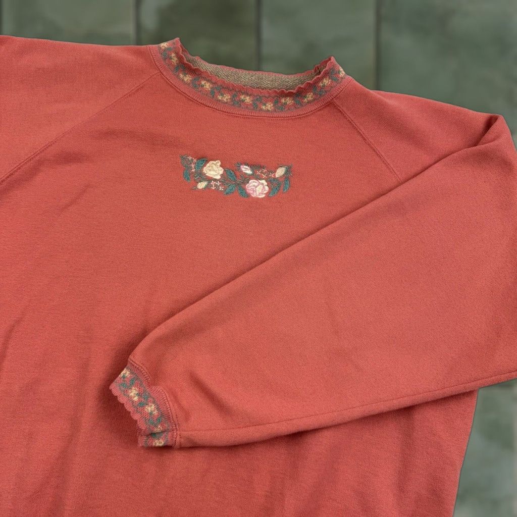 VINTAGE Madeira Sweatshirt Womens M Orange Floral 90s Lady Flower Accents Crew Neck Pullover