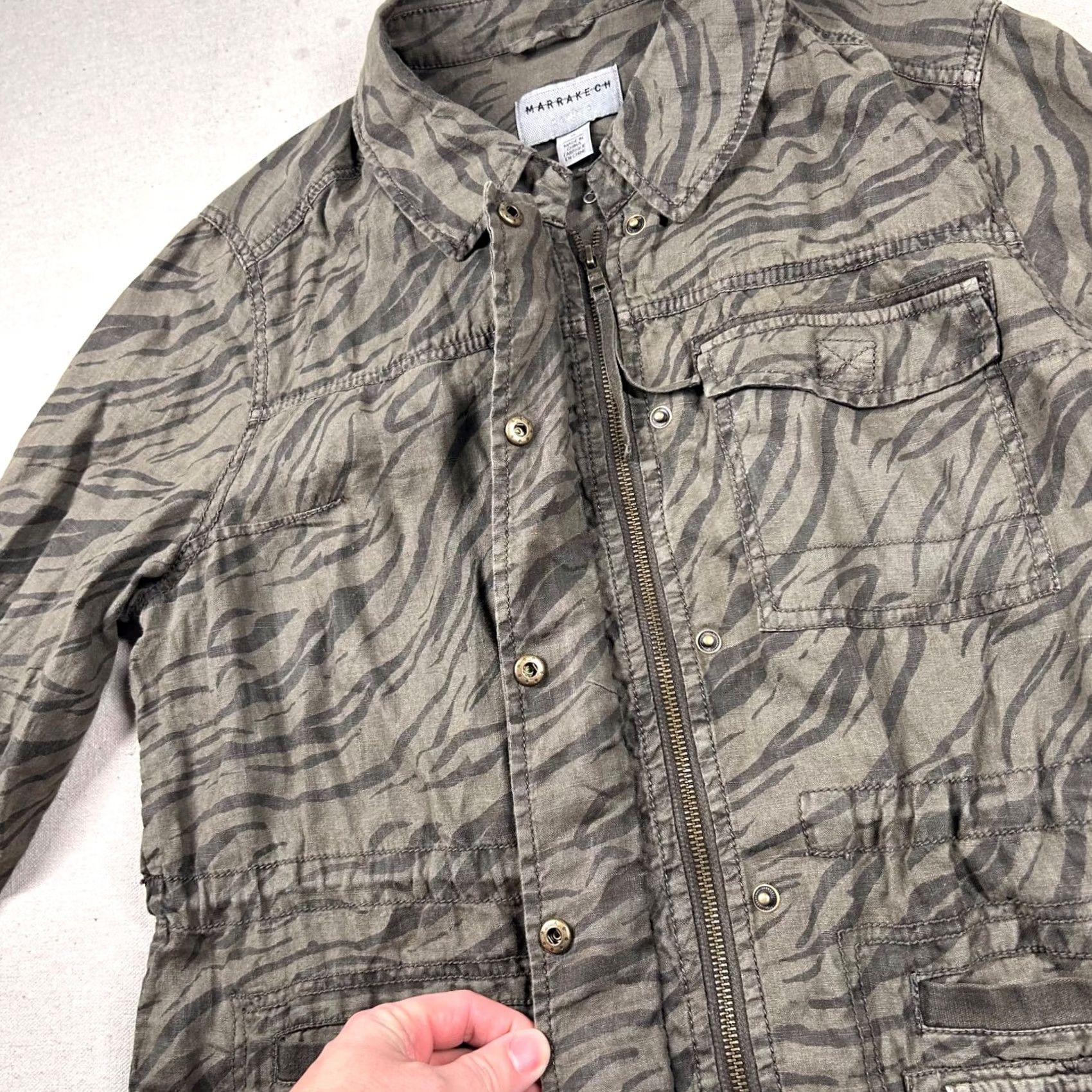 Vintage Marrakech Jacket Womens XL 100% Linen Tiger Stripe Full Zip Snap Military Jacket Army Bohemian Mens Womens Girls Boys Size XL / US 12-14 / IT 48-50 - 5 Thumbnail