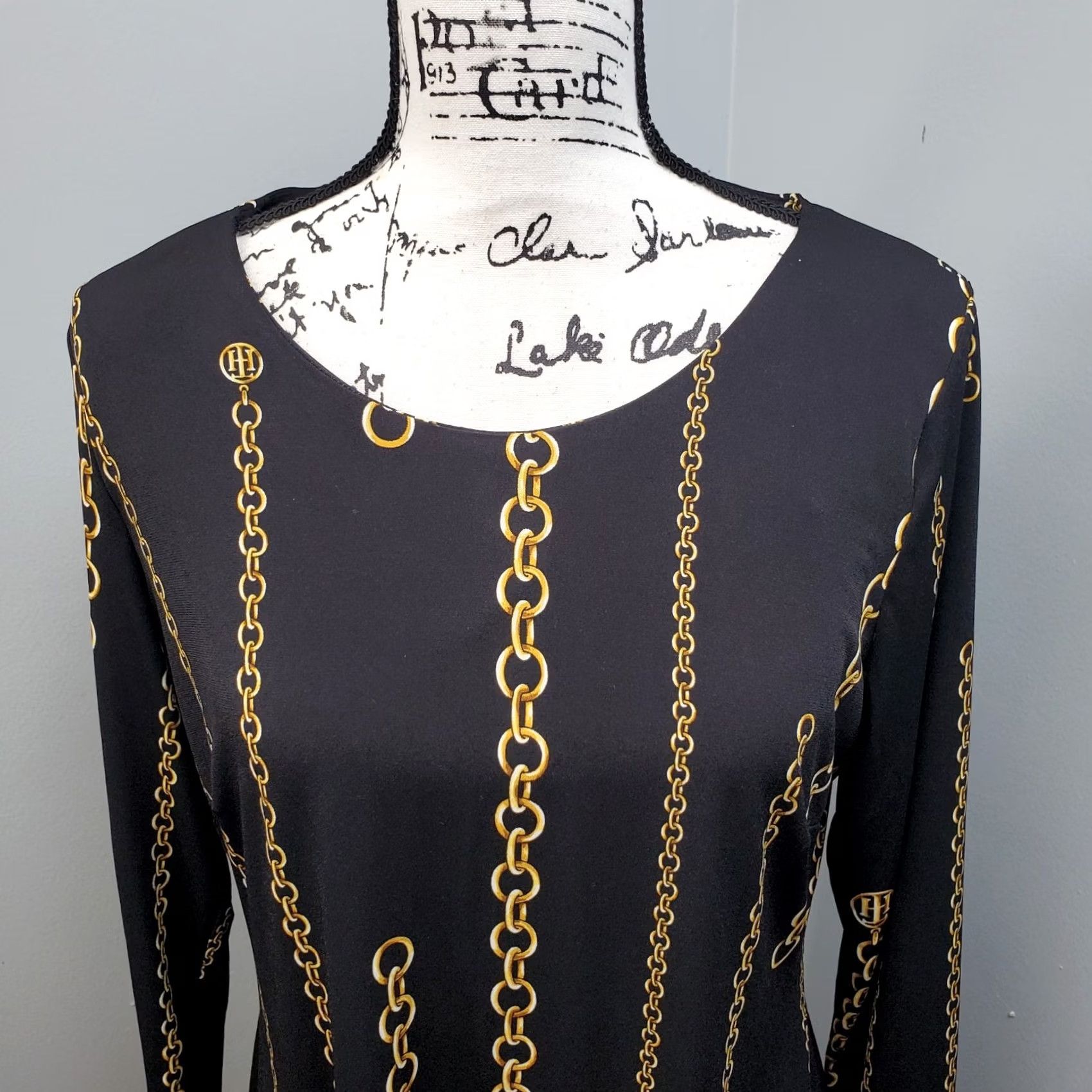 Tommy Hilfiger Tommy Hilfiger Shift Dress Women 12 Black Yellow Chain Print Stretch Zip Size XL / US 12-14 / IT 48-50 - 3 Thumbnail
