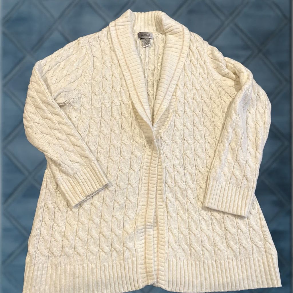 Vintage Sybelle Women's Cable-Knit Cardigan Sweater XL Ivory Button Closure Size XL / US 12-14 / IT 48-50 - 1 Thumbnail