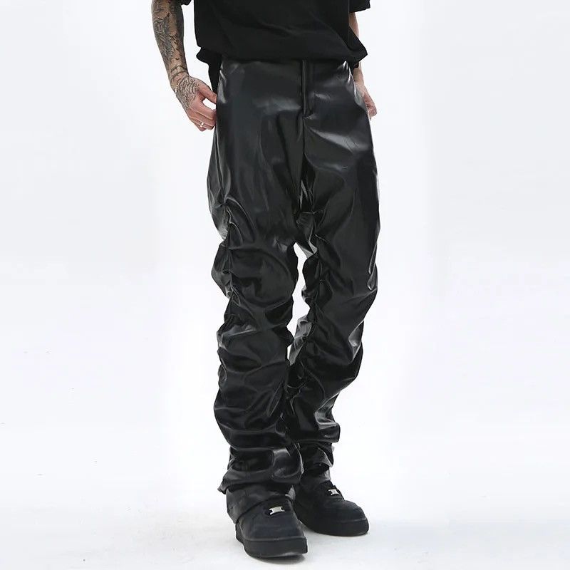 image of Loose Ruched Casual Pu Leather Pants in Black, Men's (Size 34)