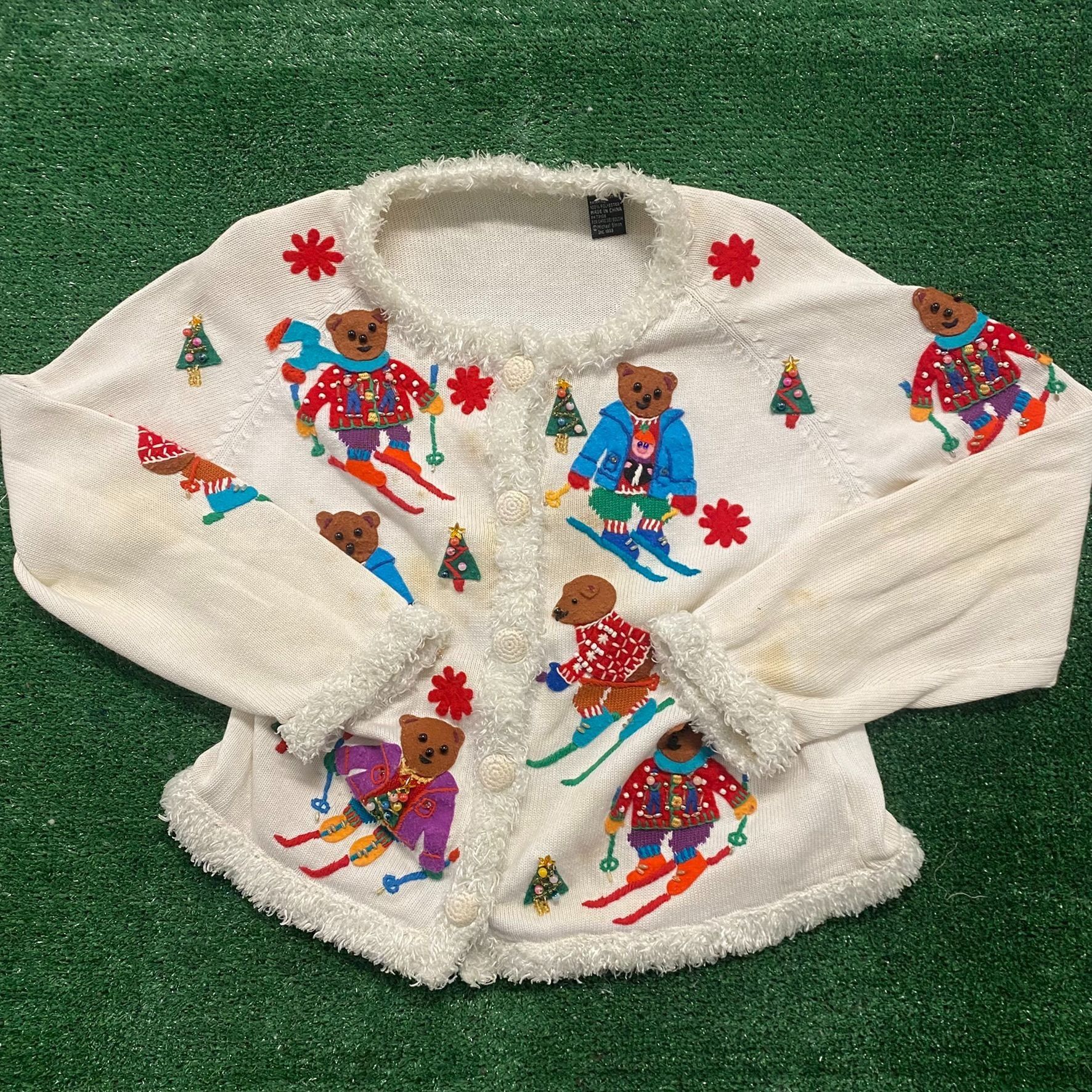 Vintage 80s Skiing Teddy Bear Appliqué Cardigan Sweater