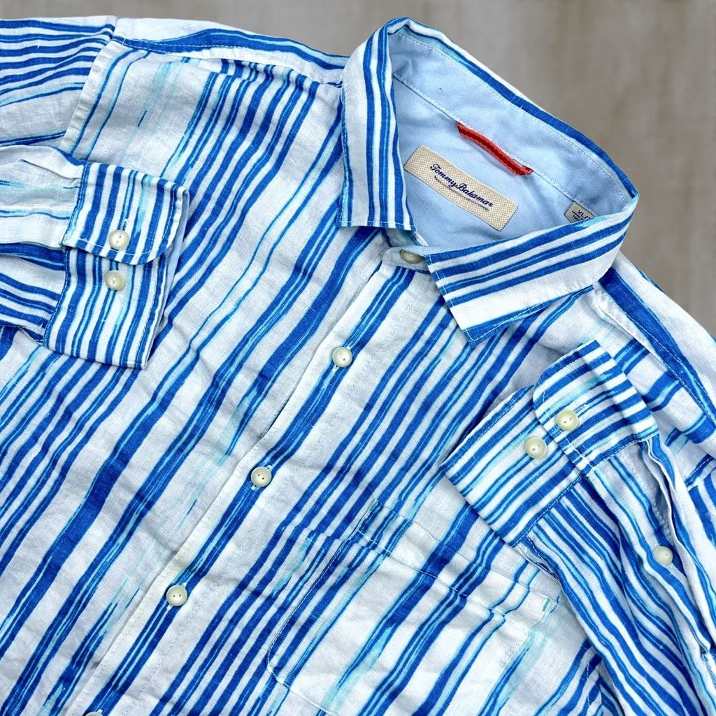 Tommy Bahama VINTAGE Tommy Bahama Shirt Men XL Blue Striped Linen Button Up Camp Beach Preppy Vacation Size US XL / EU 56 / 4 - 1 Thumbnail