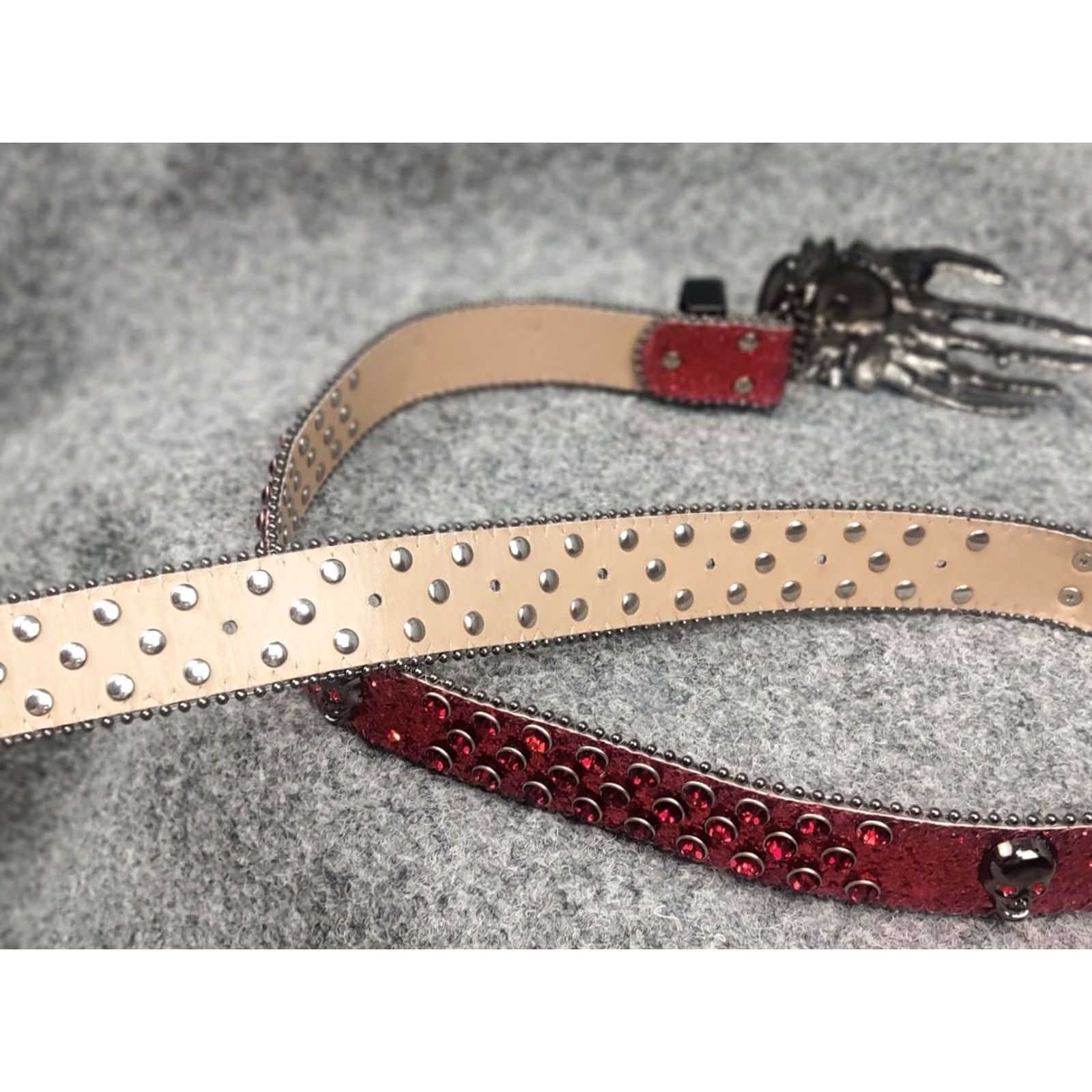 Vintage VINTAGE Punk Rock Western Belt Mens One Size Red Glitter Skull Hand Buckle Studded Leatherette Faux Leather Opium Y2K Style Size ONE SIZE - 6 Thumbnail