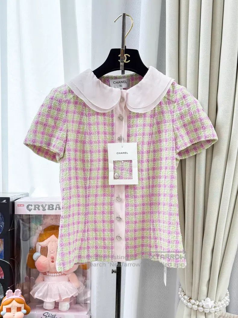 Chanel Chanel Plaid silk doll collar tweed short-sleeved jacket Size XXS / US 00 / IT 34 - 1 Thumbnail