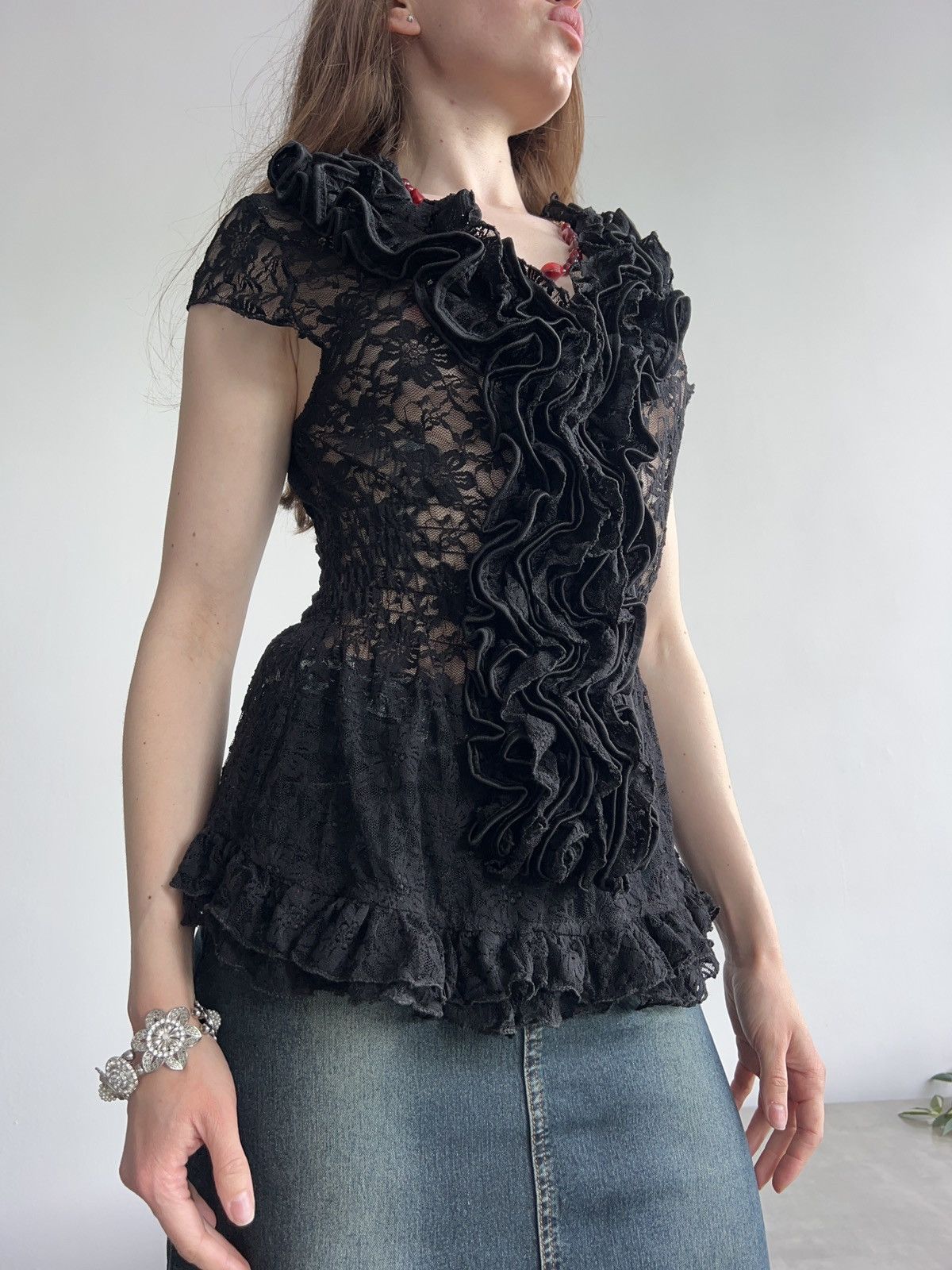 Vintage Vintage amazing sheer black floral gothic top , Y2K , ruffle Size S / US 4 / IT 40 - 4 Thumbnail