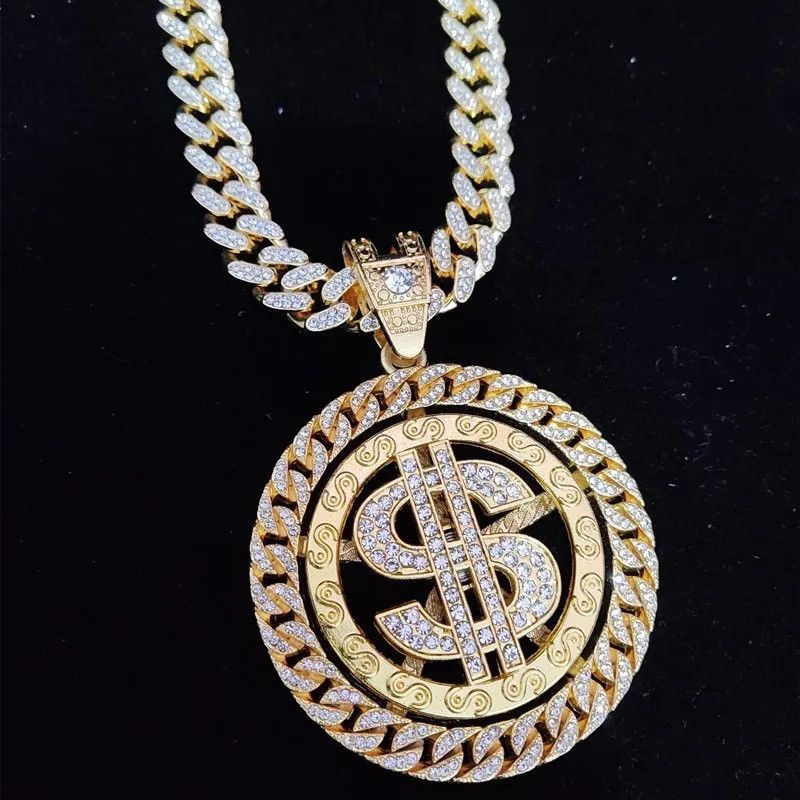 Jewelry Iced out Bling Rotatable Dollar Pendant Necklace 13mm Width Size ONE SIZE - 2 Thumbnail