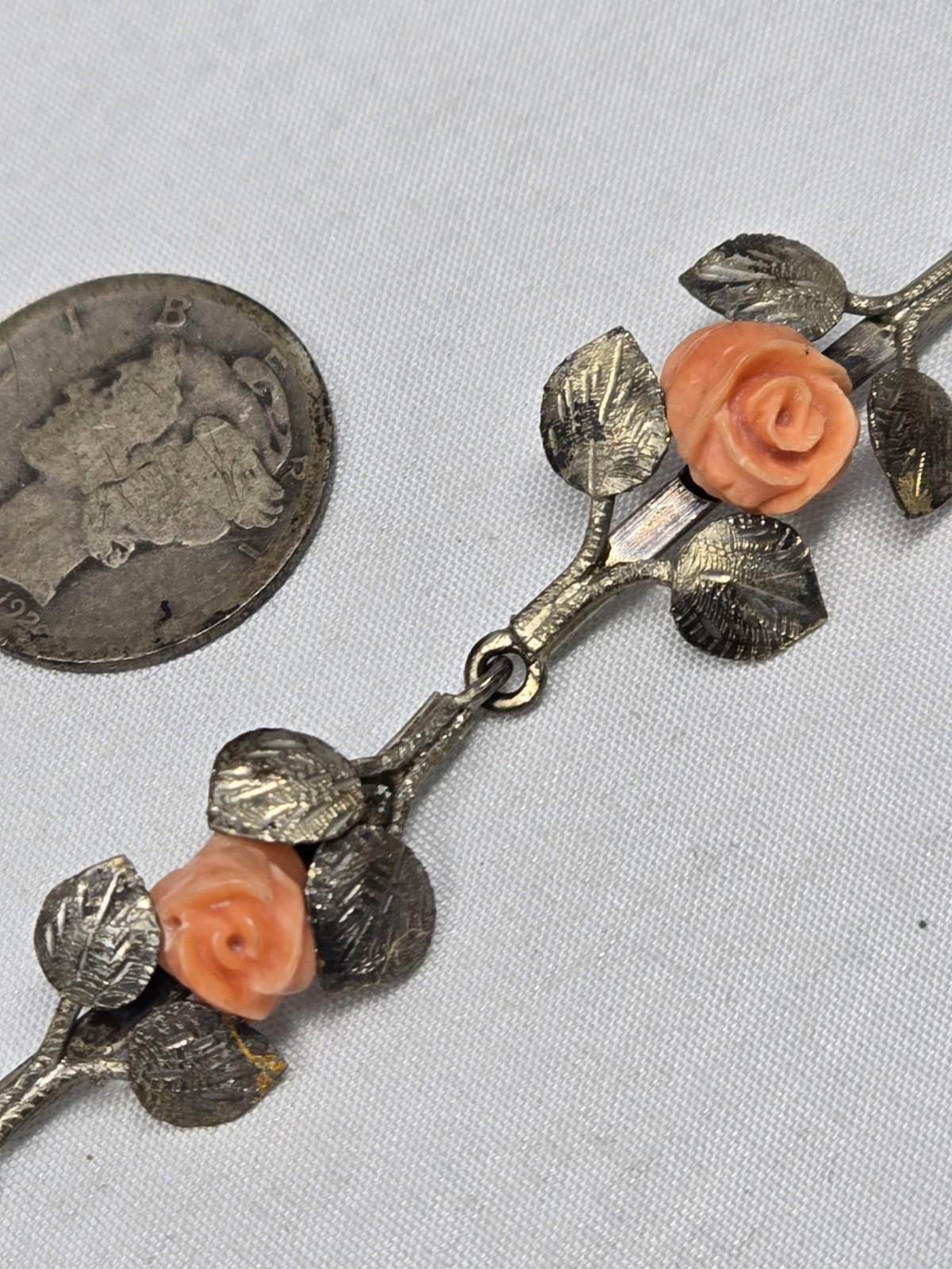 Antique Rivet Antique Sterling Silver Leaf Flower Bracelet Coral Roses Size ONE SIZE - 7 Thumbnail