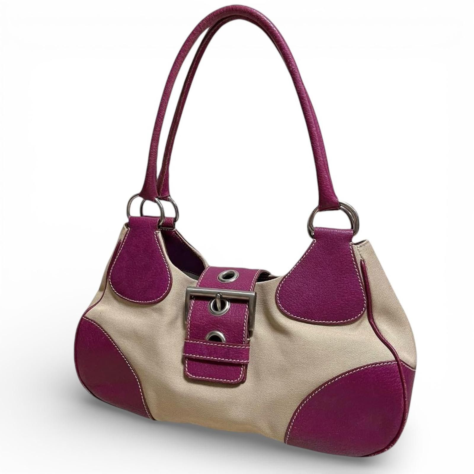 Prada Prada - Beige Purple Leather Handbag Buckle Detail Size ONE SIZE - 2 Thumbnail