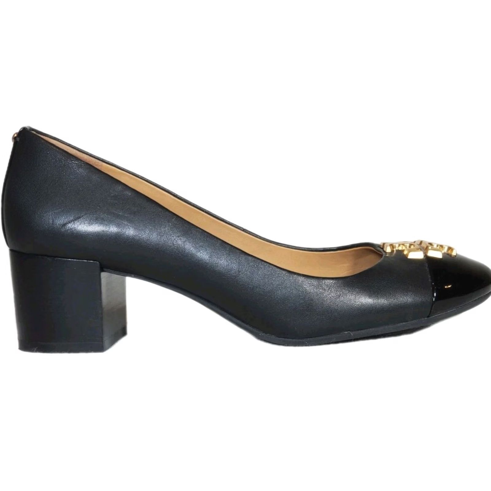 Tory Burch Tory Burch Everly Patent Cap Toe Pumps Black Leather Gold Logo Women’s US 7 M Size ONE SIZE - 3 Thumbnail