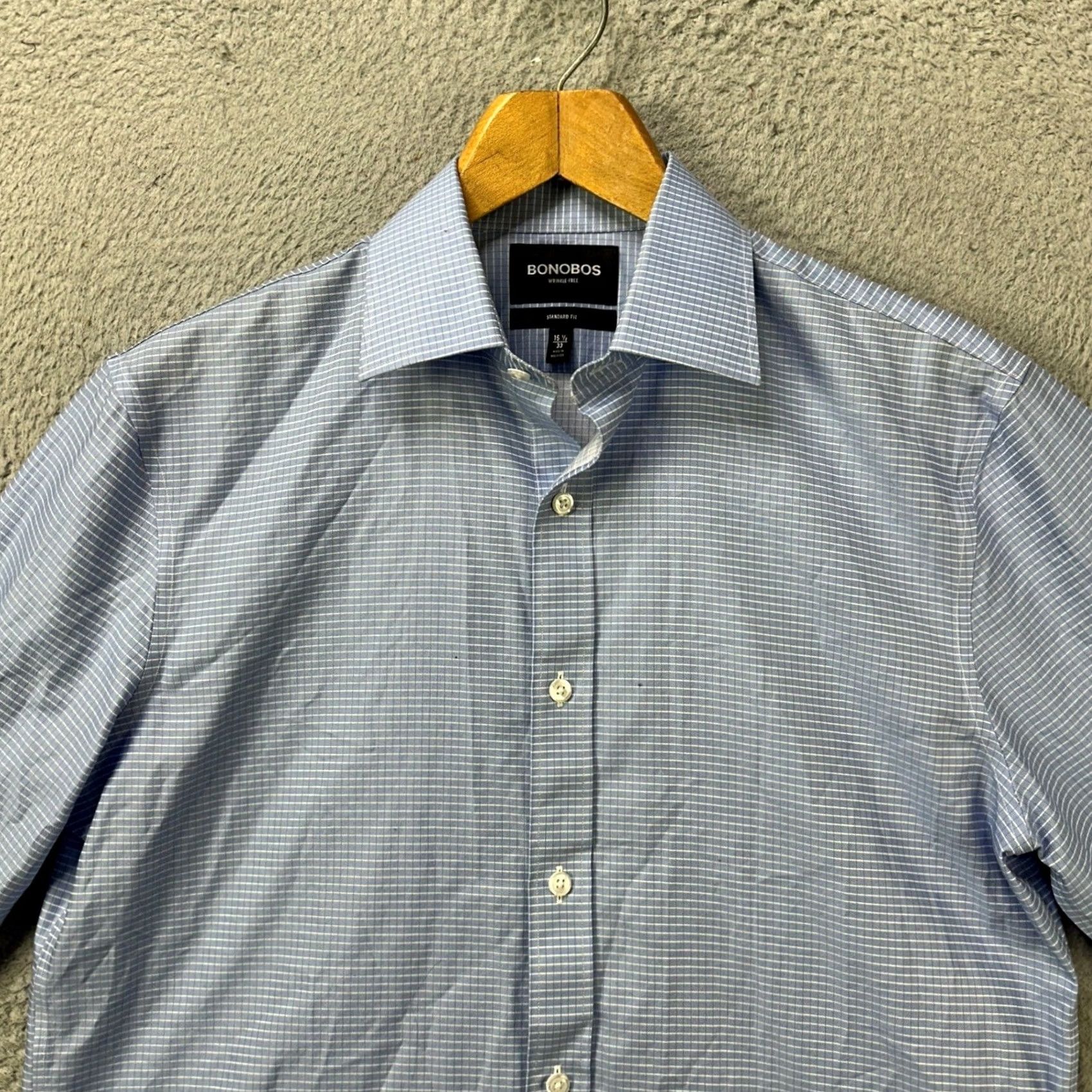 Bonobos Bonobos Shirt Dress Blue Grid Check Regular Fit Mens Long Sleeve Button Cuff Dress Shirt Size 40R - 6 Thumbnail
