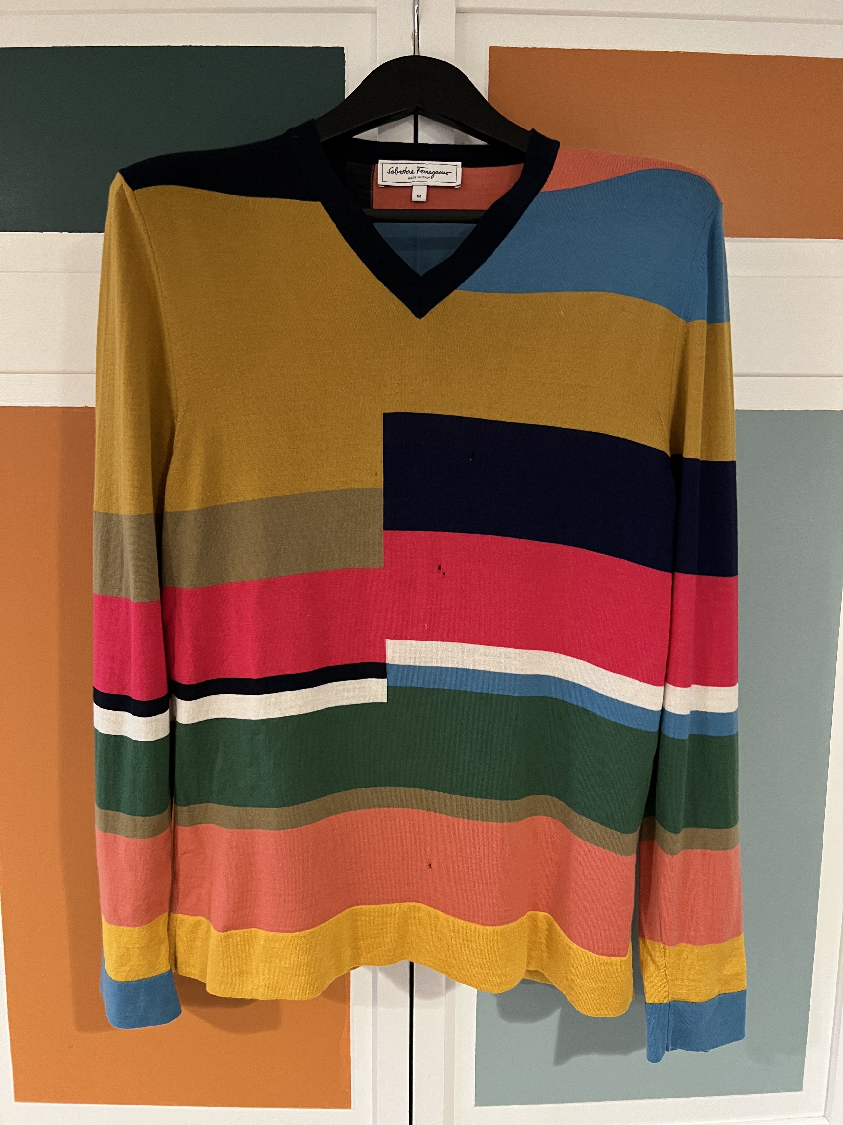 Salvatore Ferragamo Colorblock Wool/Silk V-Neck Size US M / EU 48-50 / 2 - 1 Thumbnail
