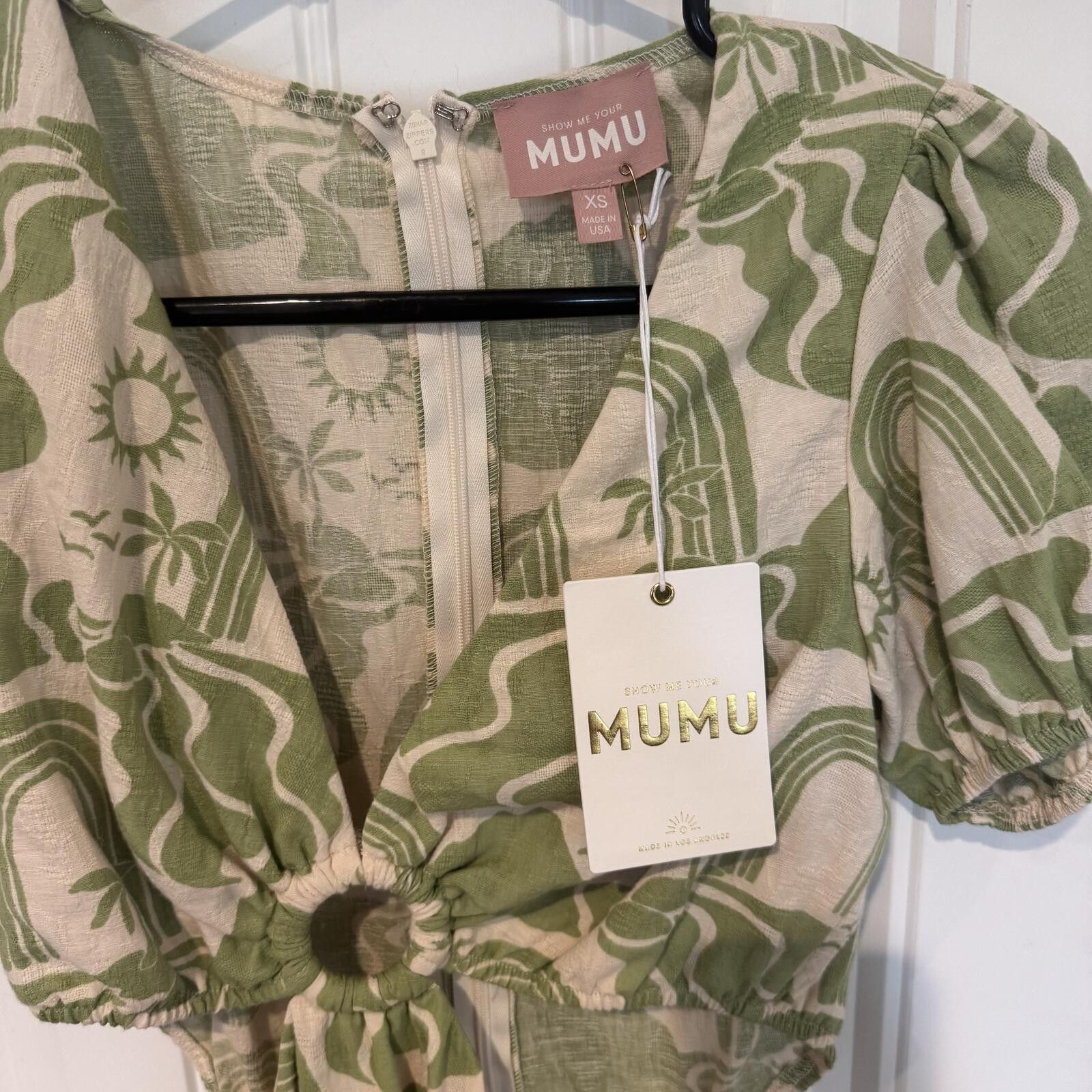 Muubaa Mumu Green and Cream Patterned Cut-Out Dress with Puff Sleev Size XS / US 0-2 / IT 36-38 - 3 Thumbnail