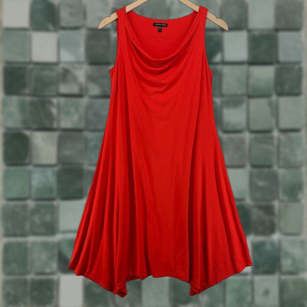 EILEEN FISHER Dress XS Hot Red Stretch Jersey Cowl Neck Sleeveless Swing USA