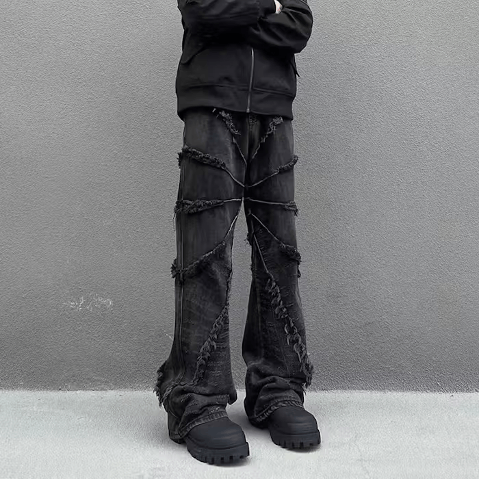 Vintage black raw edge fringed wide leg jeans