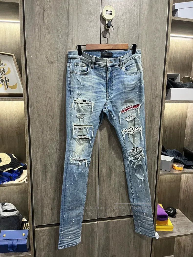Amiri Amiri Size 33 Cashew flower checkerboard patchwork blue cat Size US 33 - 4 Thumbnail