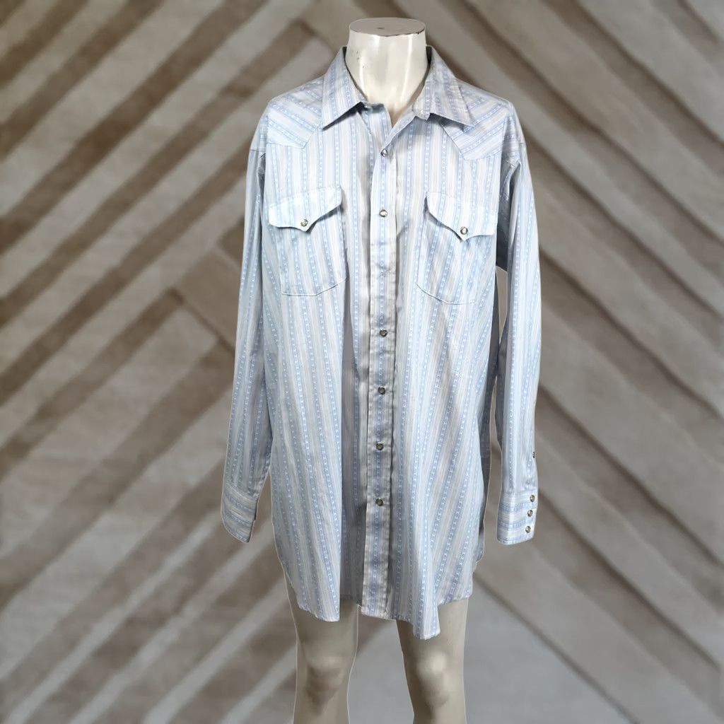 Vintage Panhandle Slim Mens Western Snap Button Up Long Sleeve Shirt - Light Blue Stripes Size US XL / EU 56 / 4 - 1 Thumbnail