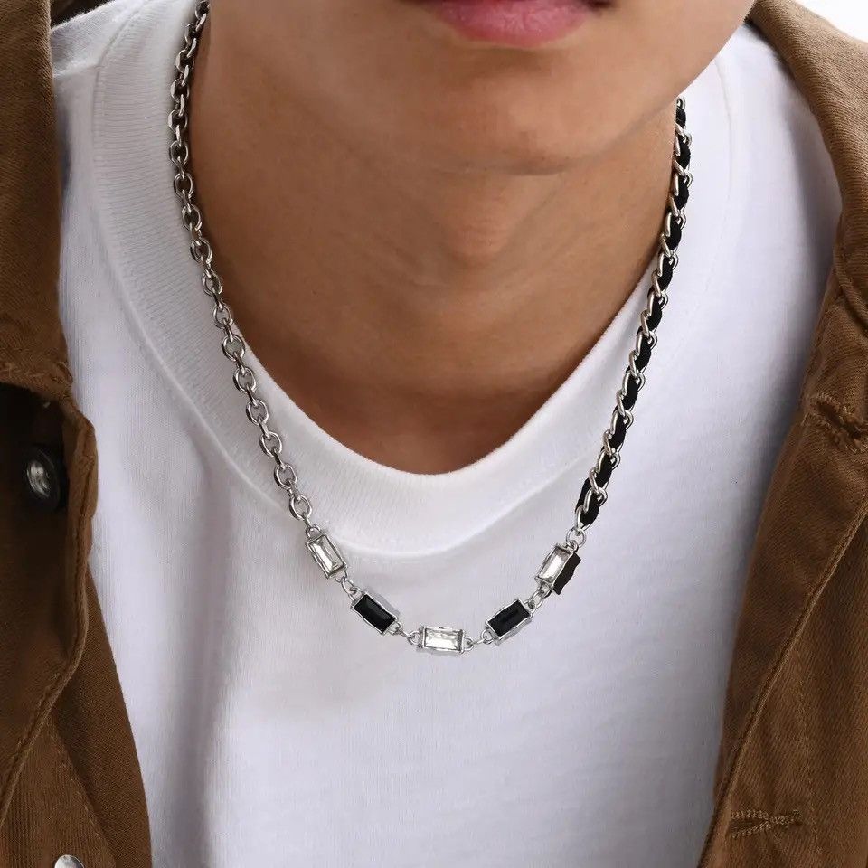 Jewelry Inlay Black White Stone Rolo Chain Collar Necklace Size ONE SIZE - 2 Thumbnail